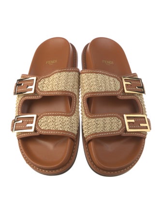 Fendi Raffia Leather Trim Embellishment Slides