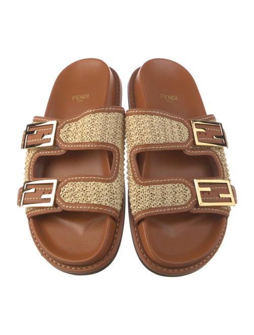 Fendi Raffia Leather Trim Embellishment Slides