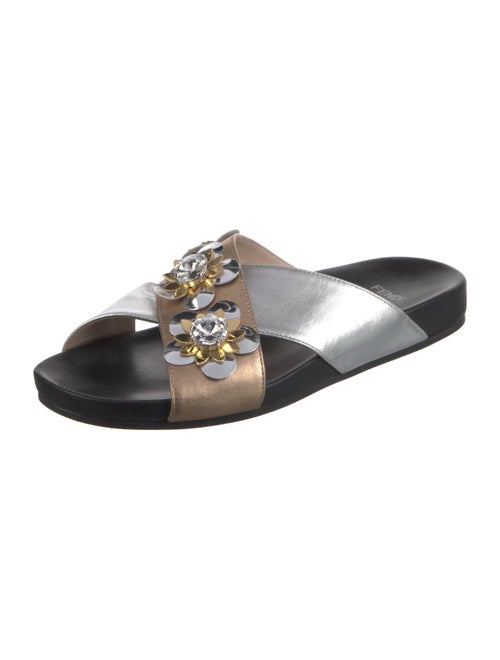 Fendi Leather Crystal Embellishments Slides