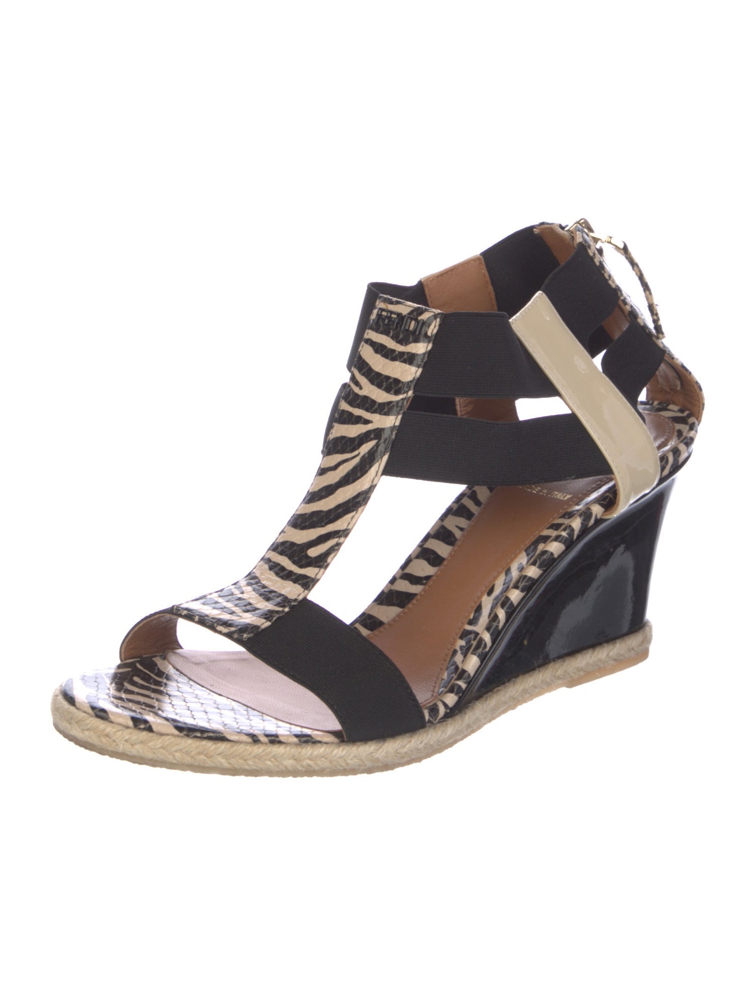 Fendi Patent Leather Printed T-Strap Sandals