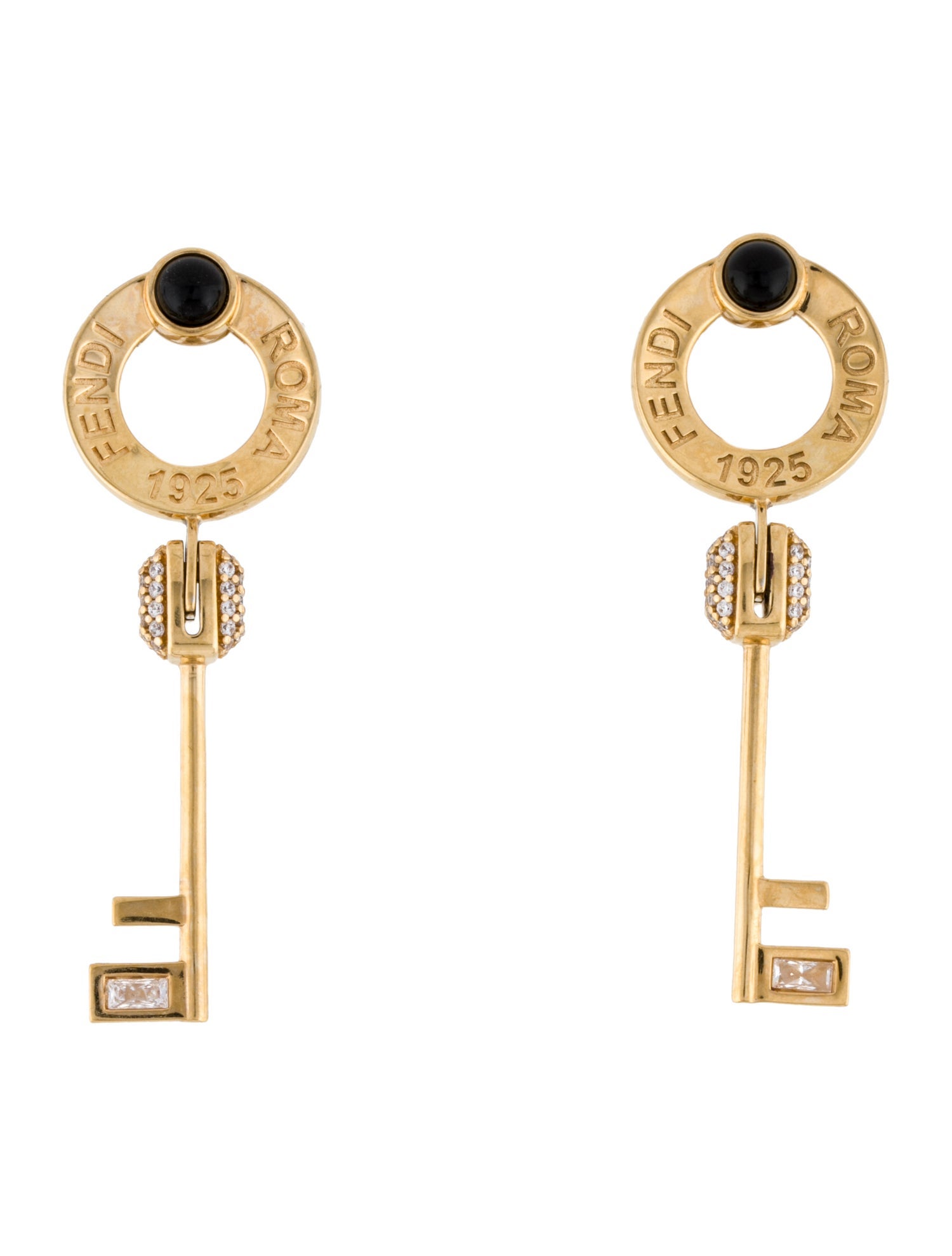 Fendi Vintage Crystal & Enamel Key Dangle Drop Clip-On Earrings