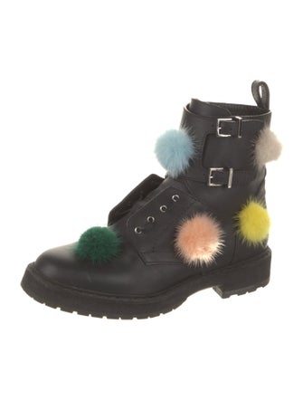 Fendi Leather Pom-Pom Embellishments Combat Boots