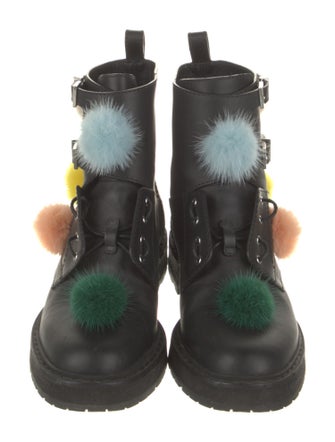 Fendi Leather Pom-Pom Embellishments Combat Boots