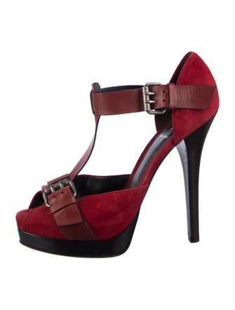 Fendi Suede Colorblock Pattern T-Strap Pumps