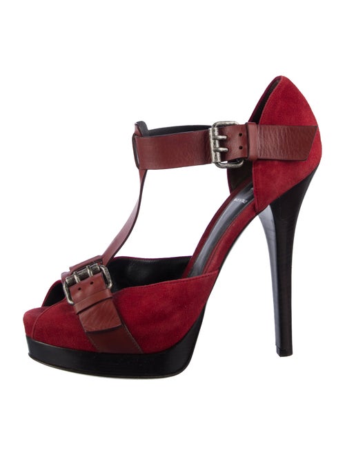Fendi Suede Colorblock Pattern T-Strap Pumps