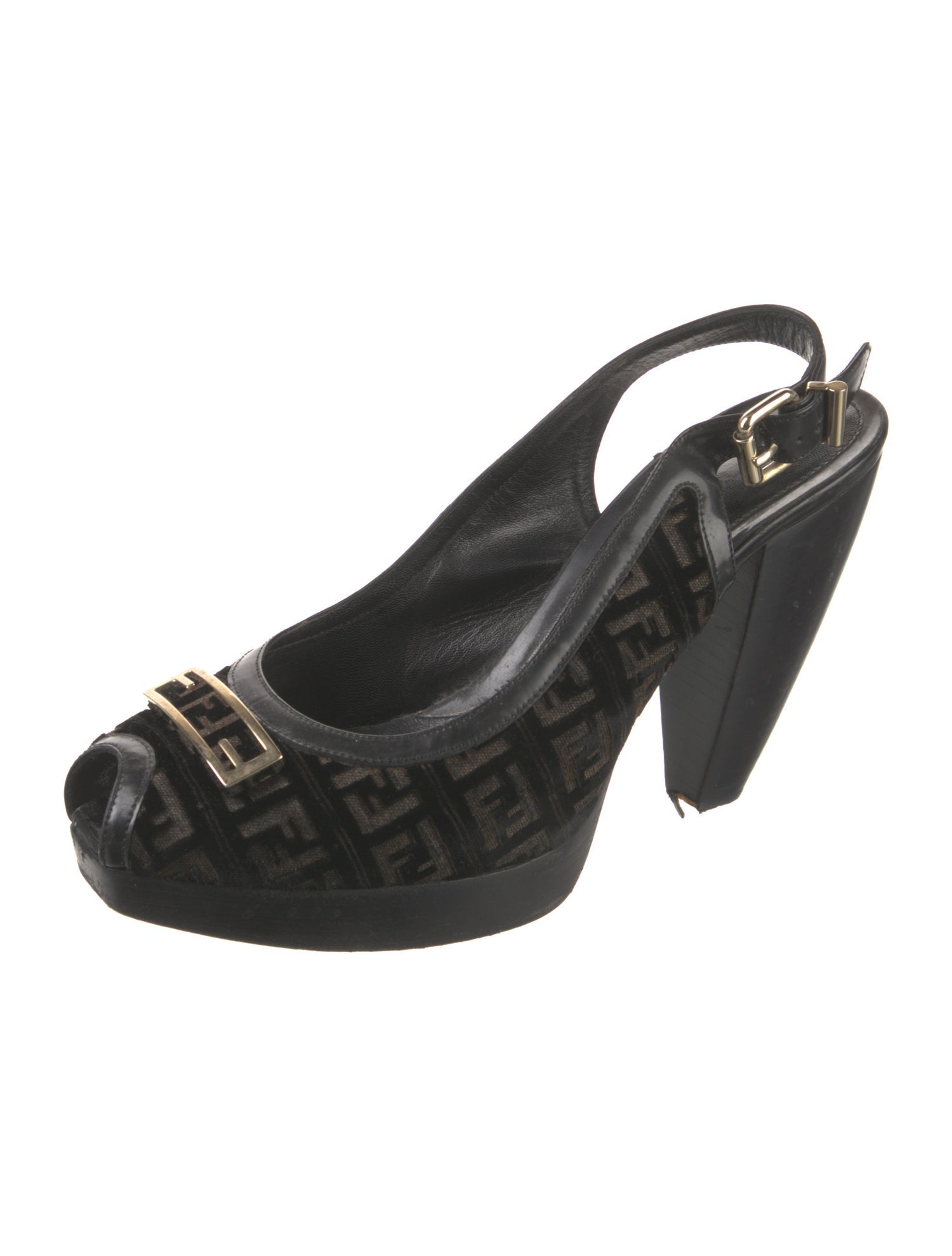 Fendi Zucca FF Logo Velvet Slingback Pumps