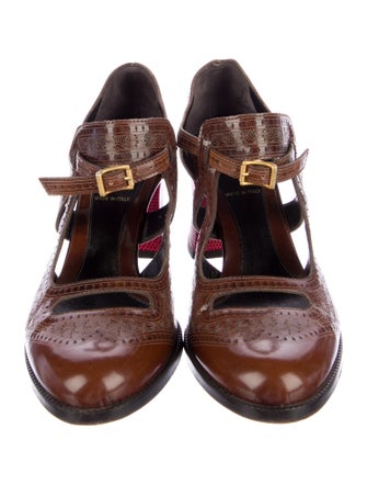 Fendi Leather Colorblock Pattern T-Strap Pumps