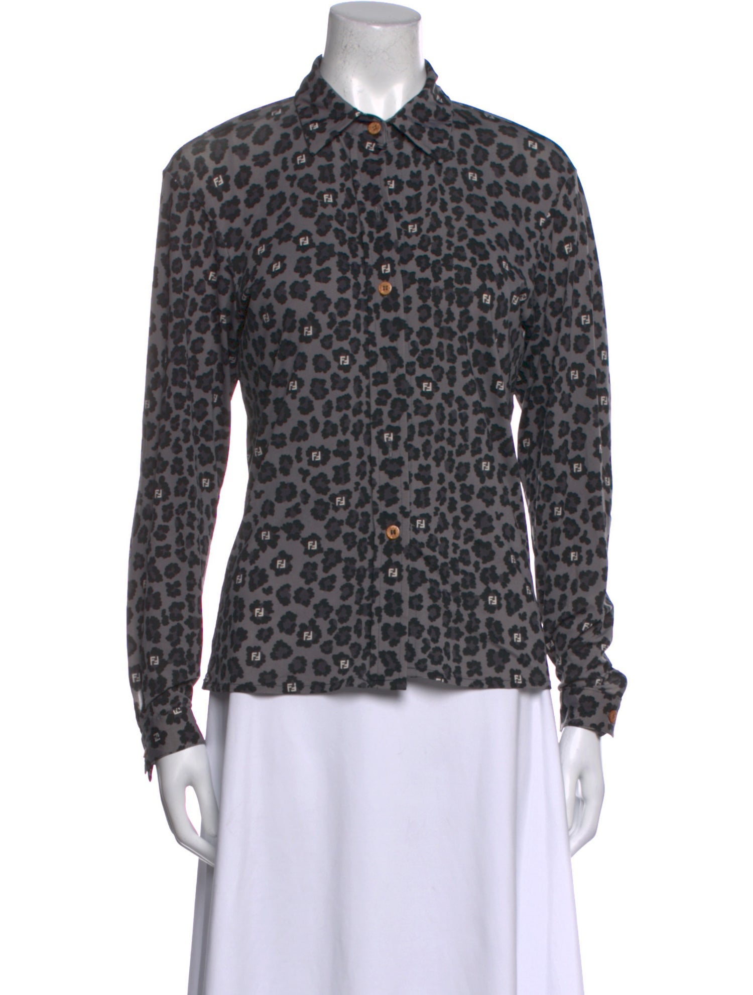 Fendi Animal Print Long Sleeve Button-Up Top