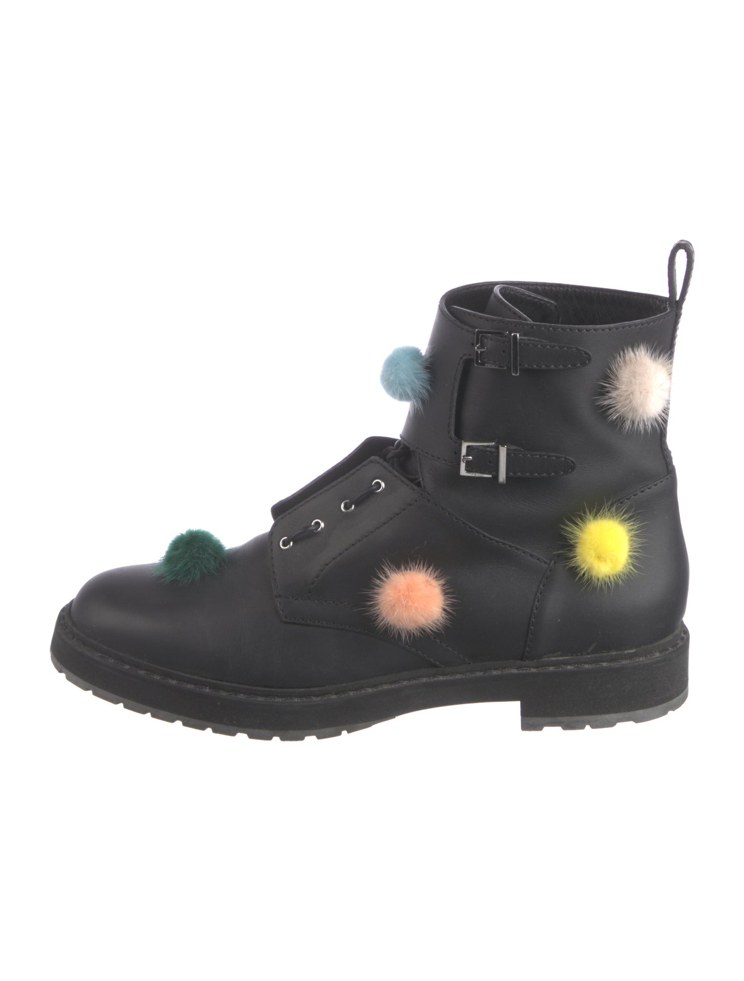 Fendi Leather Pom-Pom Embellishments Combat Boots