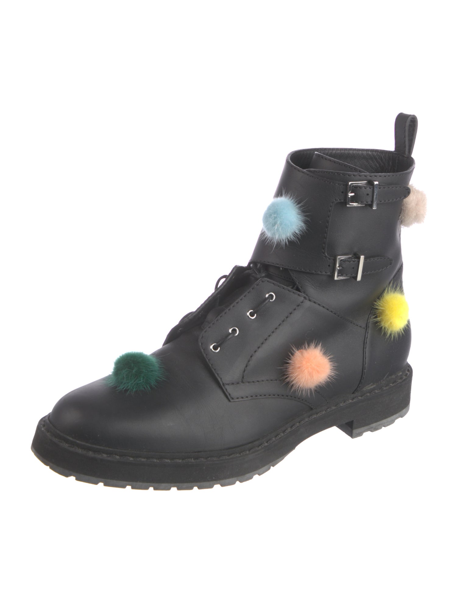 Fendi Leather Pom-Pom Embellishments Combat Boots