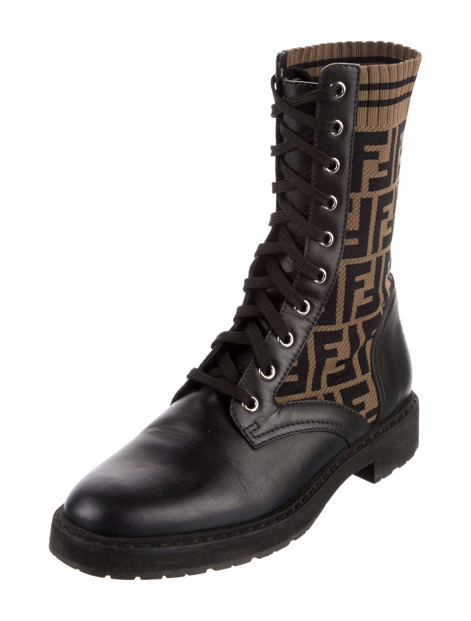 Fendi Zucca FF Logo Leather Combat Boots