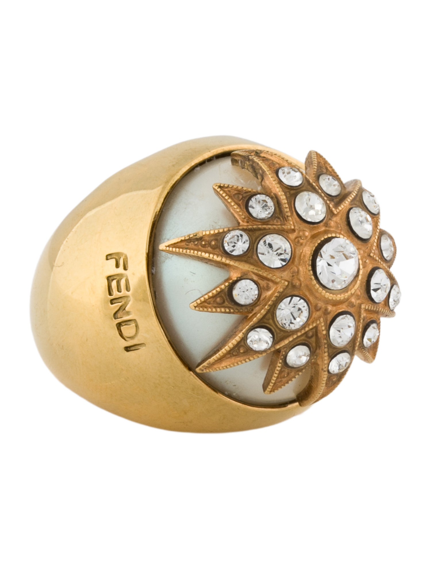 Fendi Faux Pearl & Crystal Ring