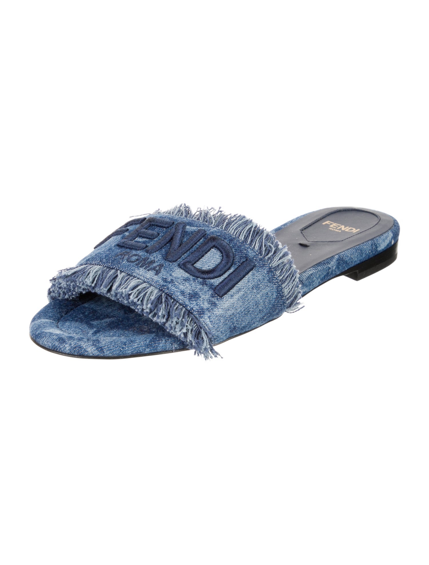 Fendi Denim Embroidered Accent Slides