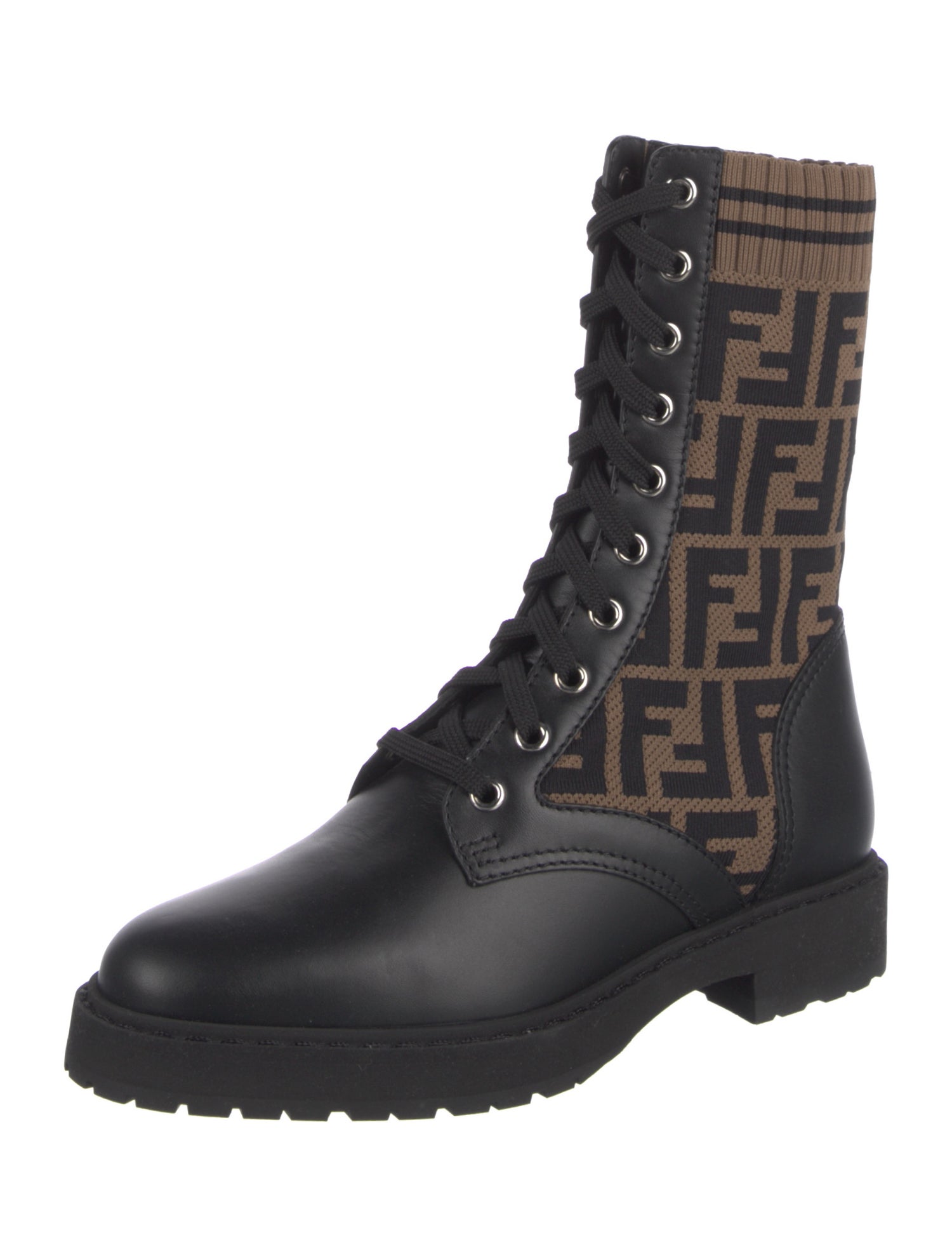 Fendi Zucca FF Logo Leather Combat Boots