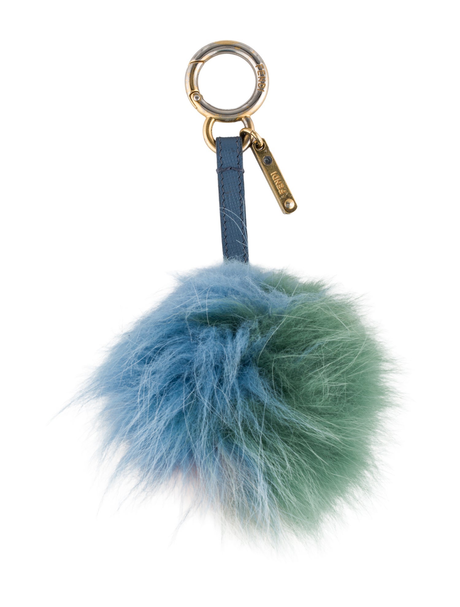 Fendi Blue Pattern Printed Leather Trim Pompom Keychain