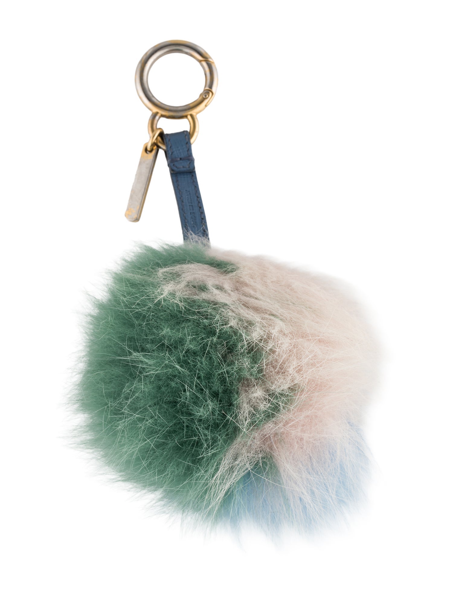 Fendi Blue Pattern Printed Leather Trim Pompom Keychain