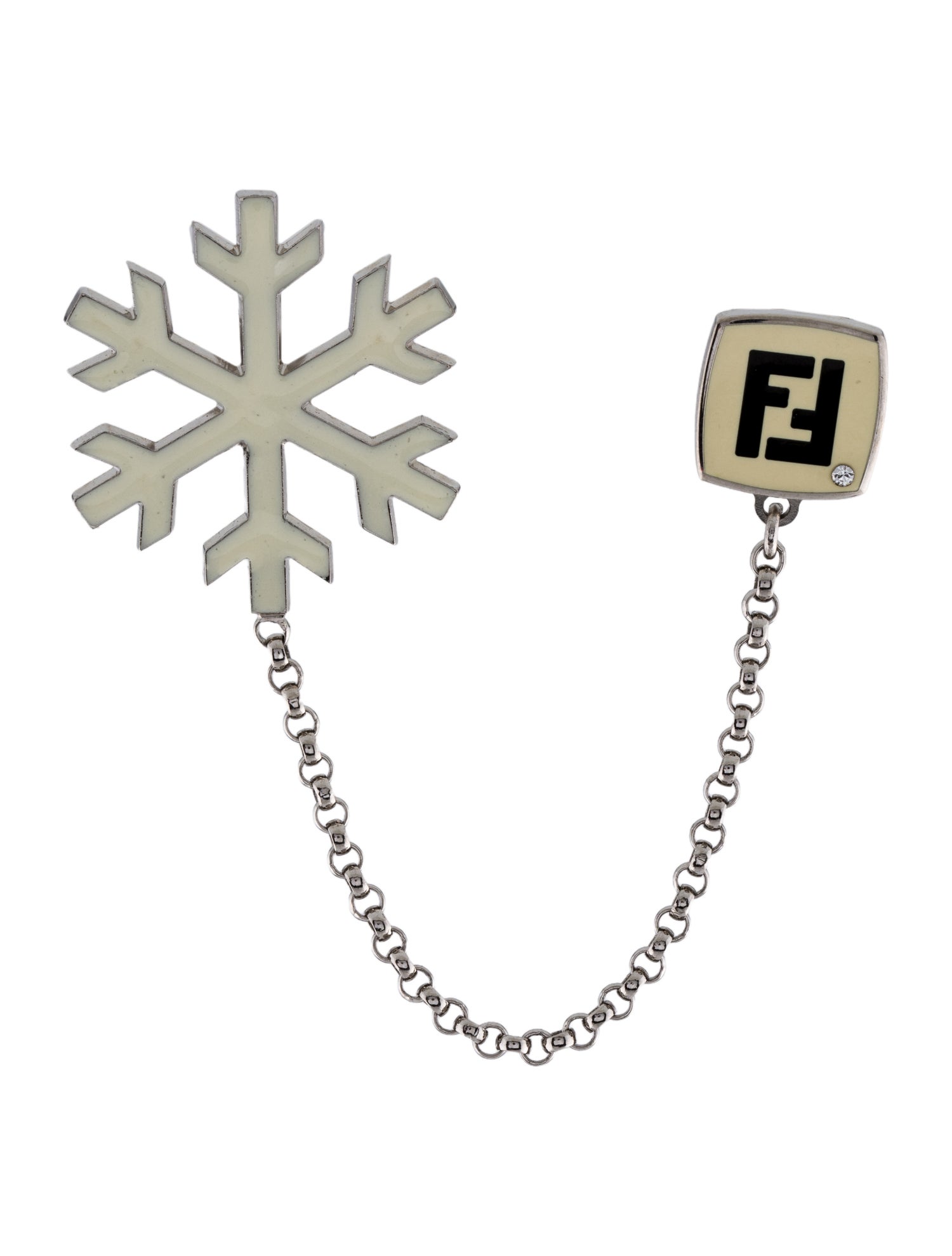 Fendi Crystal Enamel Snowflake Logo Brooch Pin