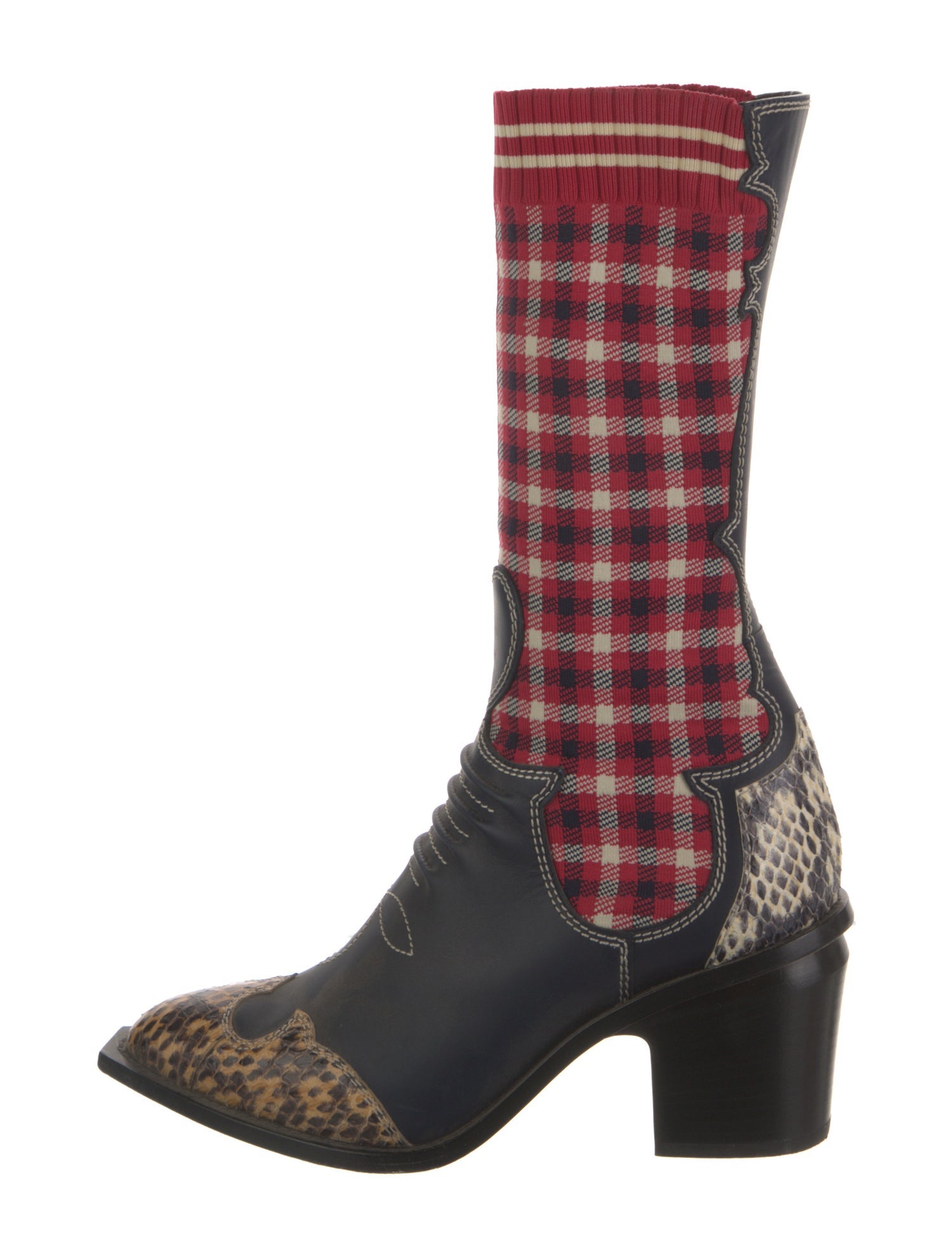 Fendi Leather Plaid Print Sock Boots