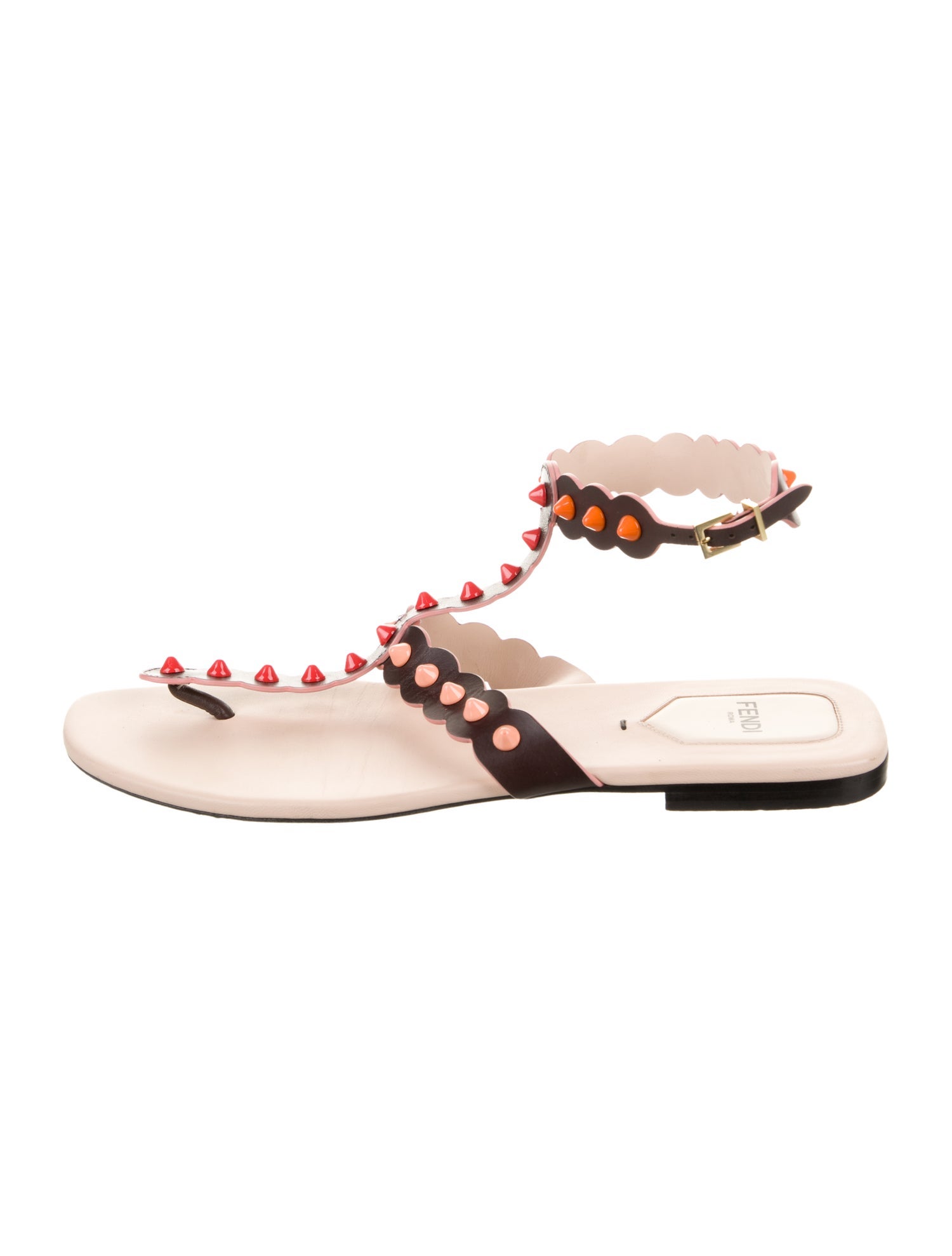Fendi Leather Studded Accents T-Strap Sandals