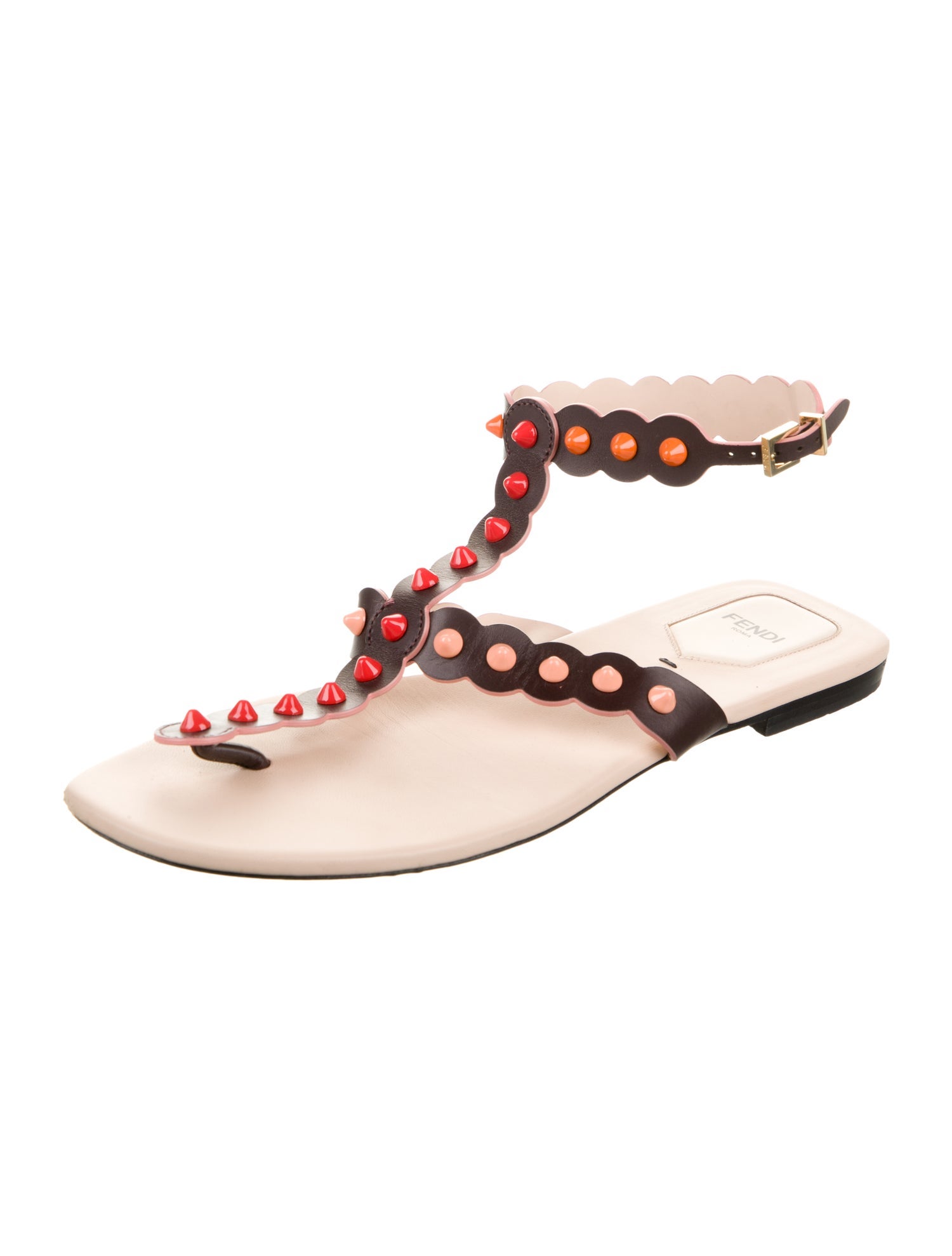 Fendi Leather Studded Accents T-Strap Sandals