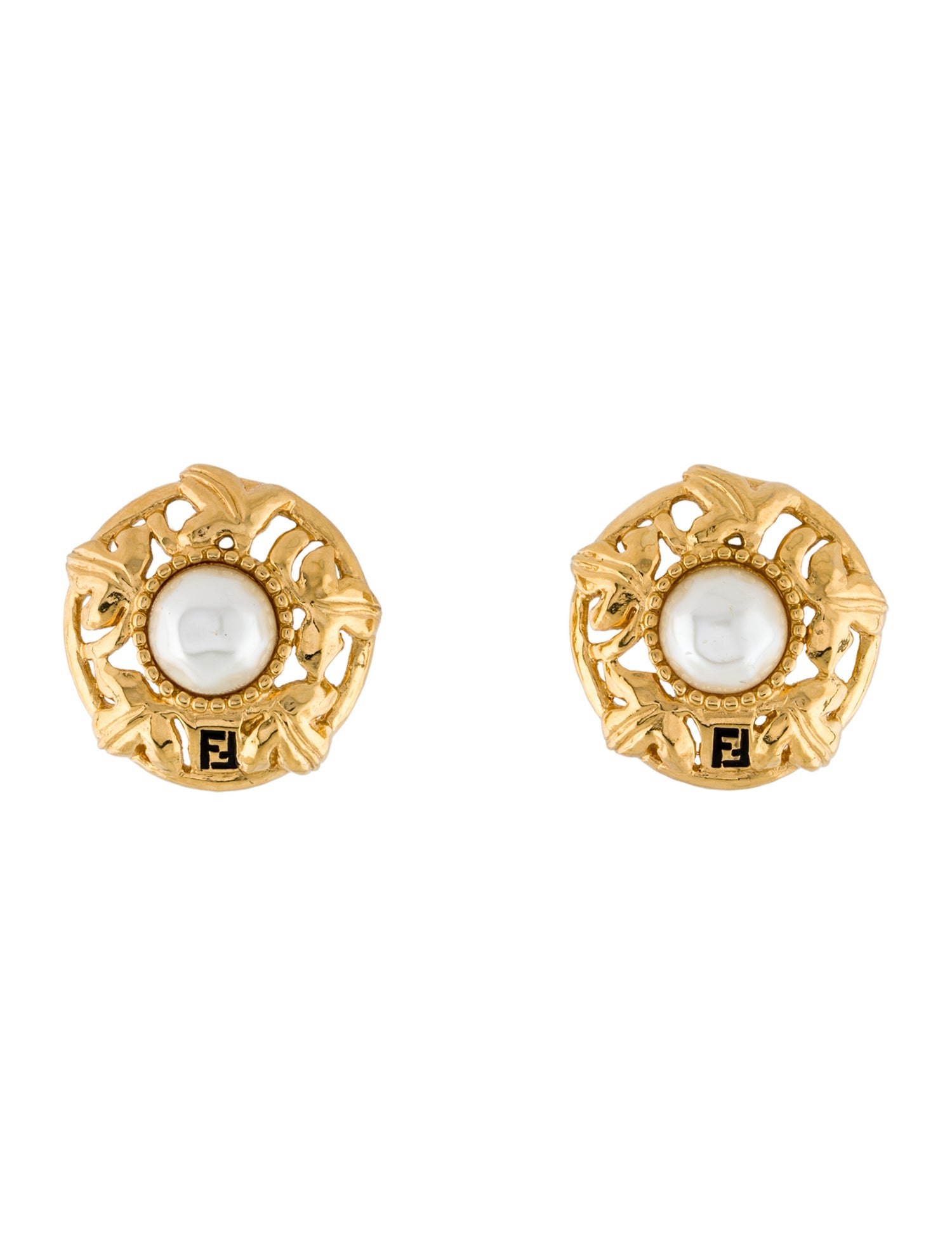 Fendi Vintage Faux Pearl & Enamel Clip On Earrings
