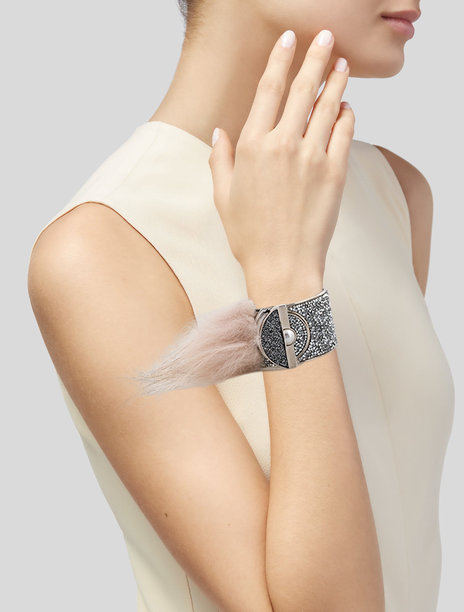 Fendi Faux Pearl, Crystal & Fox Fur Bangle Bracelet