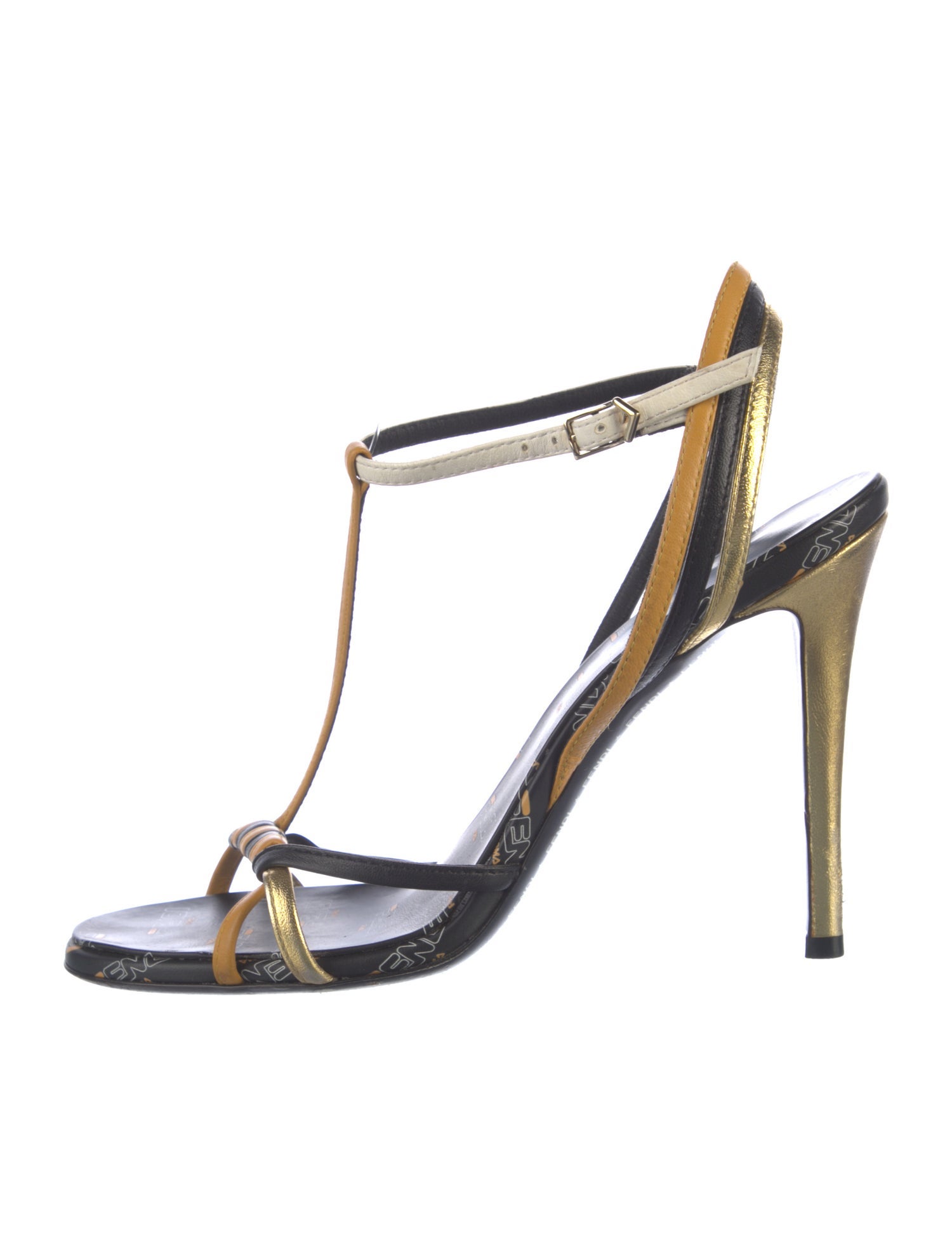 Fendi Leather Colorblock Pattern T-Strap Sandals