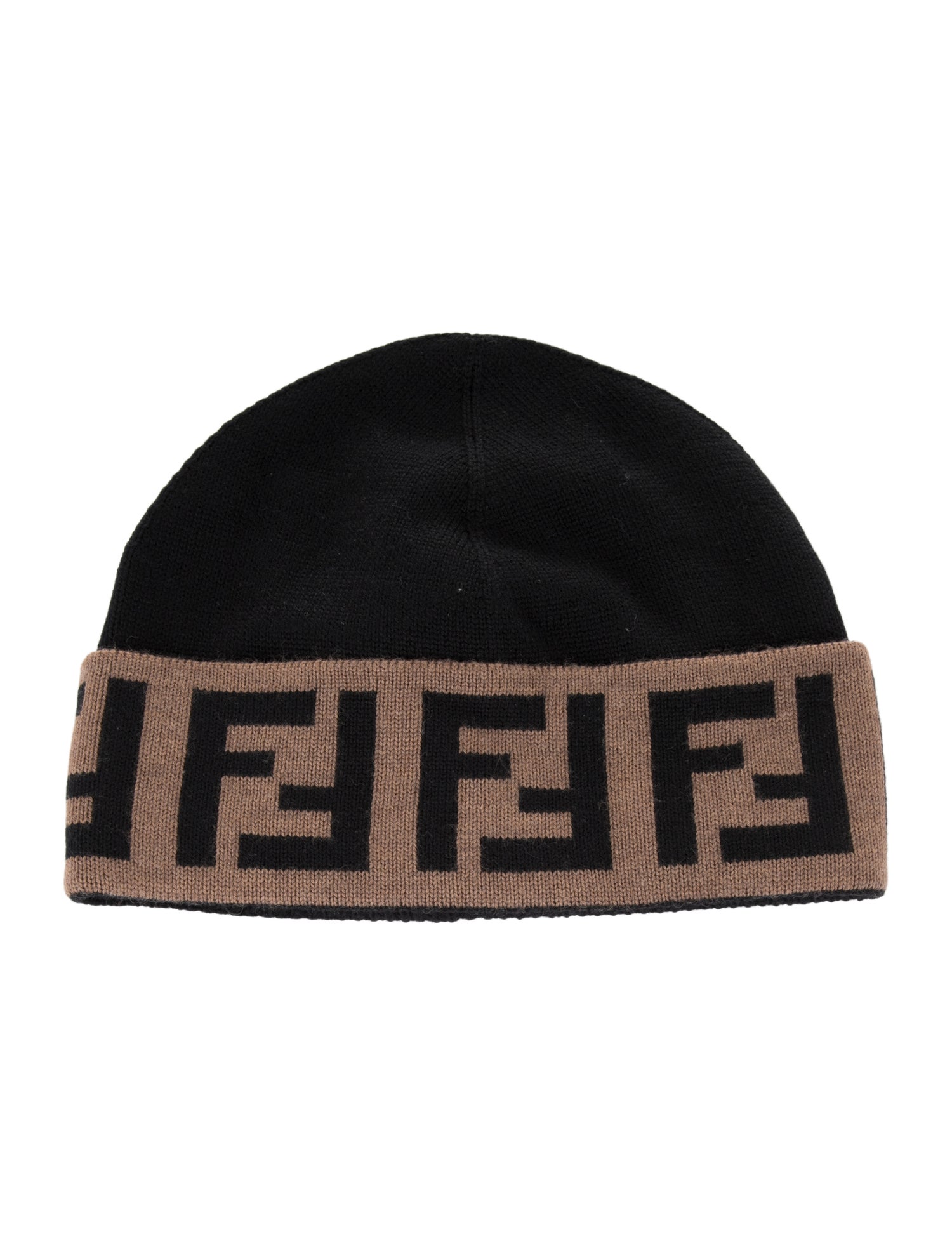 Fendi Black and Tan Logo Wool Beanie
