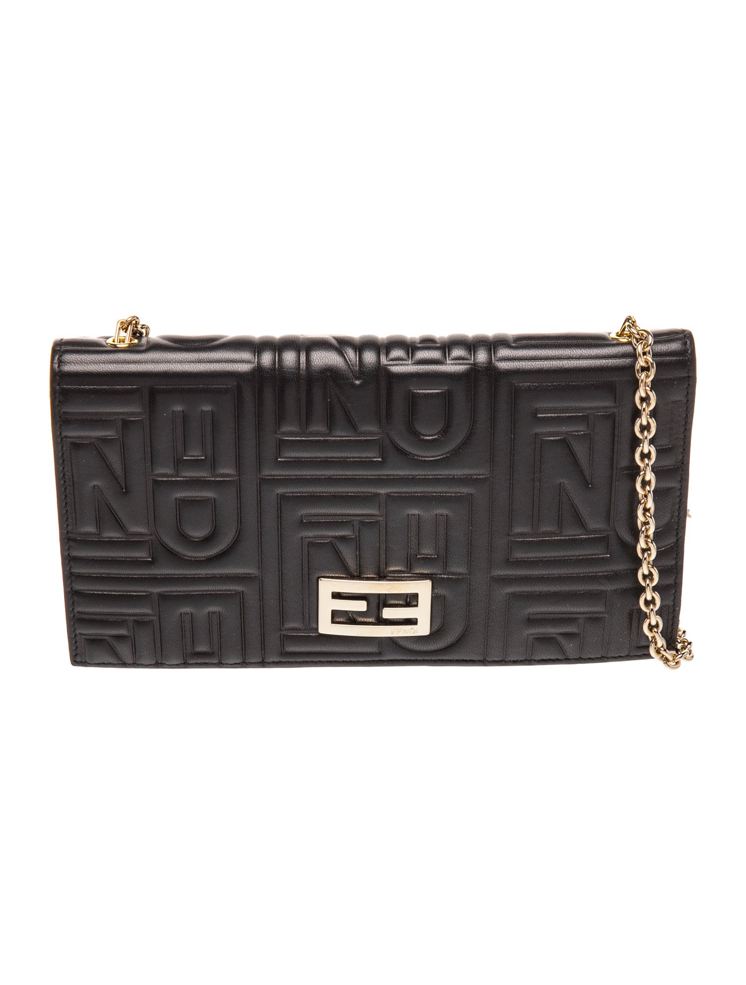 Fendi Leather Black Nappa Leather FF Embossed Wallet on Chain Baguette. Vintage
