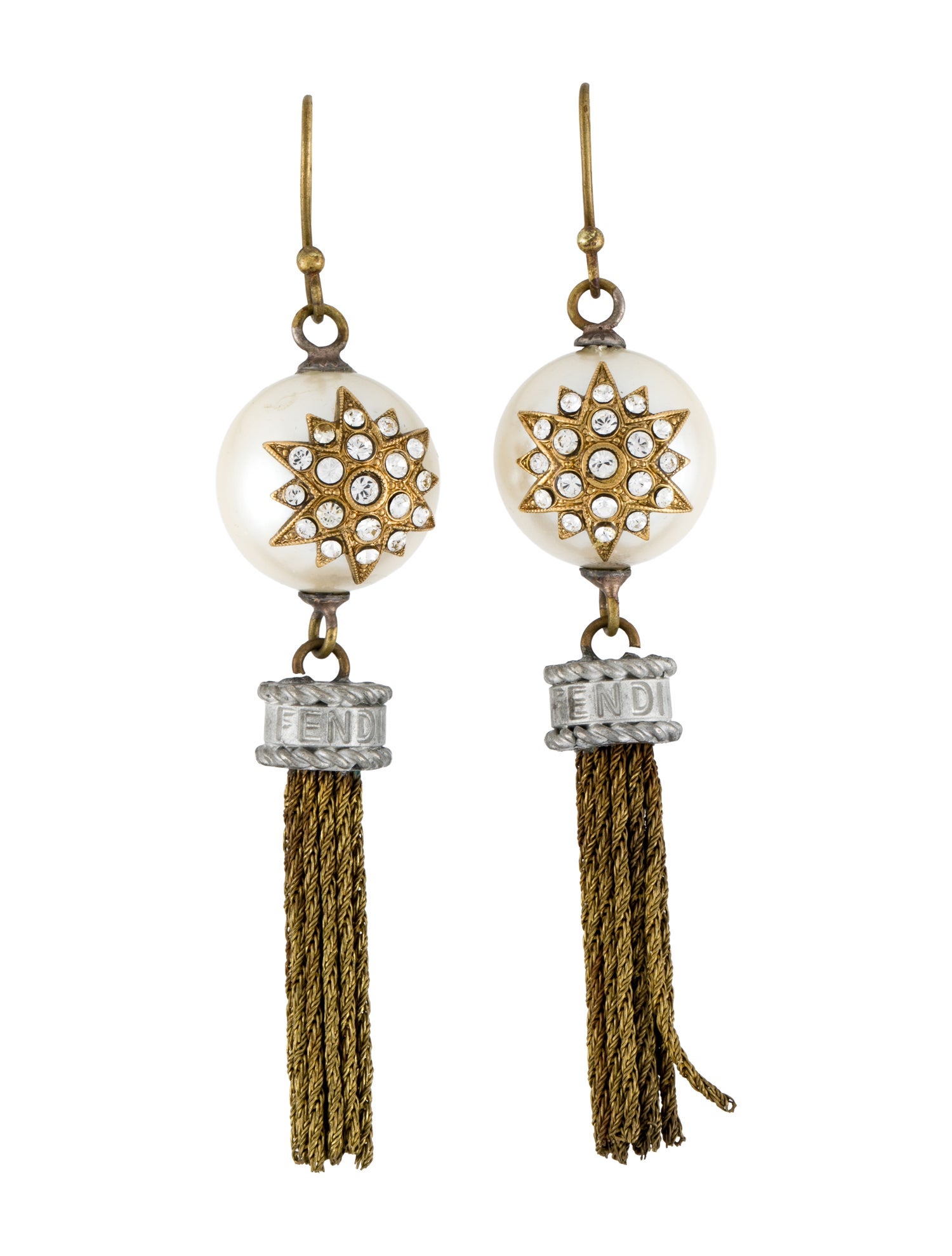 Fendi Vintage Crystal & Faux Pearl Tassel Drop Earrings