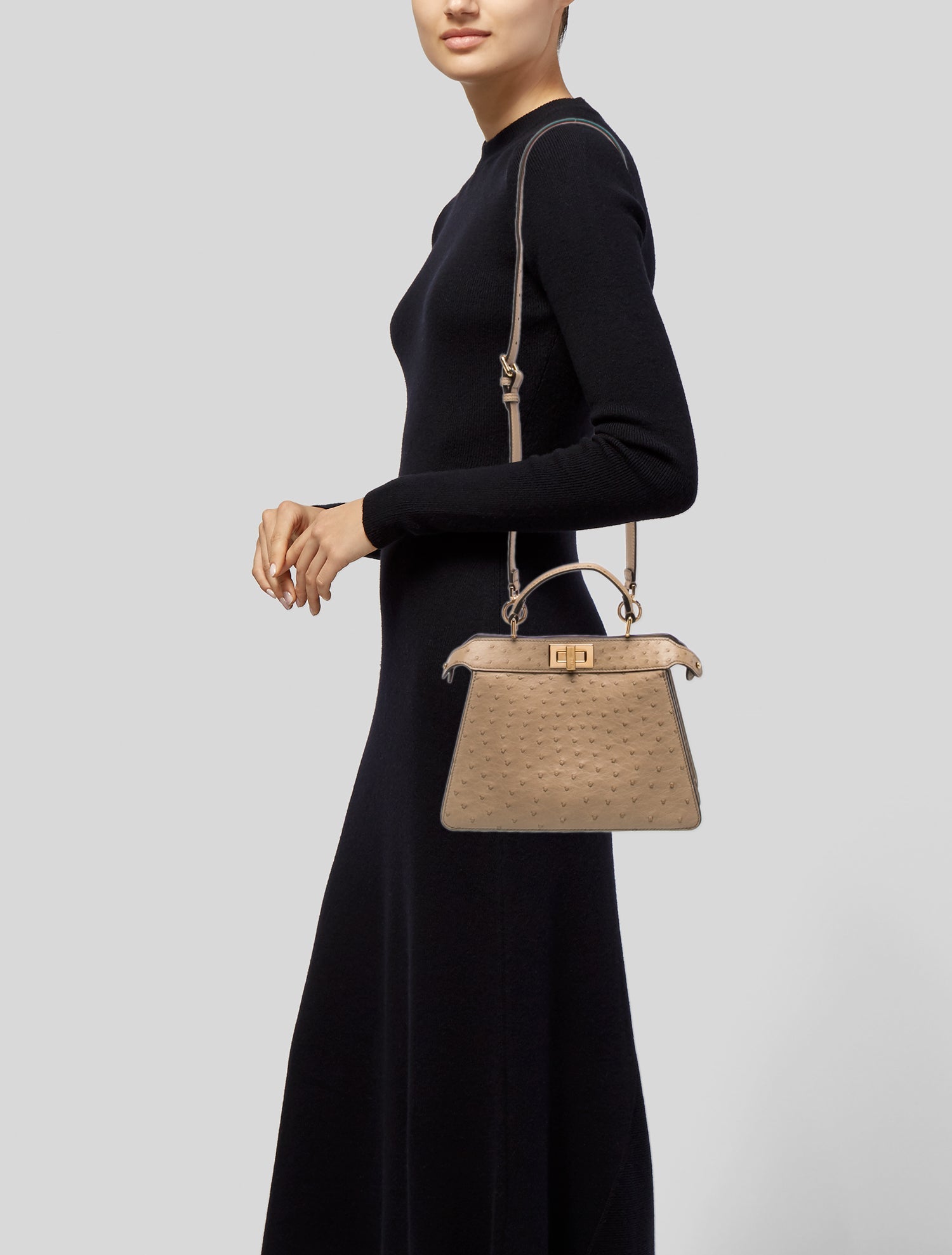 Fendi Ostrich Peekaboo Essentially Medium - Neutrals Handle Bags