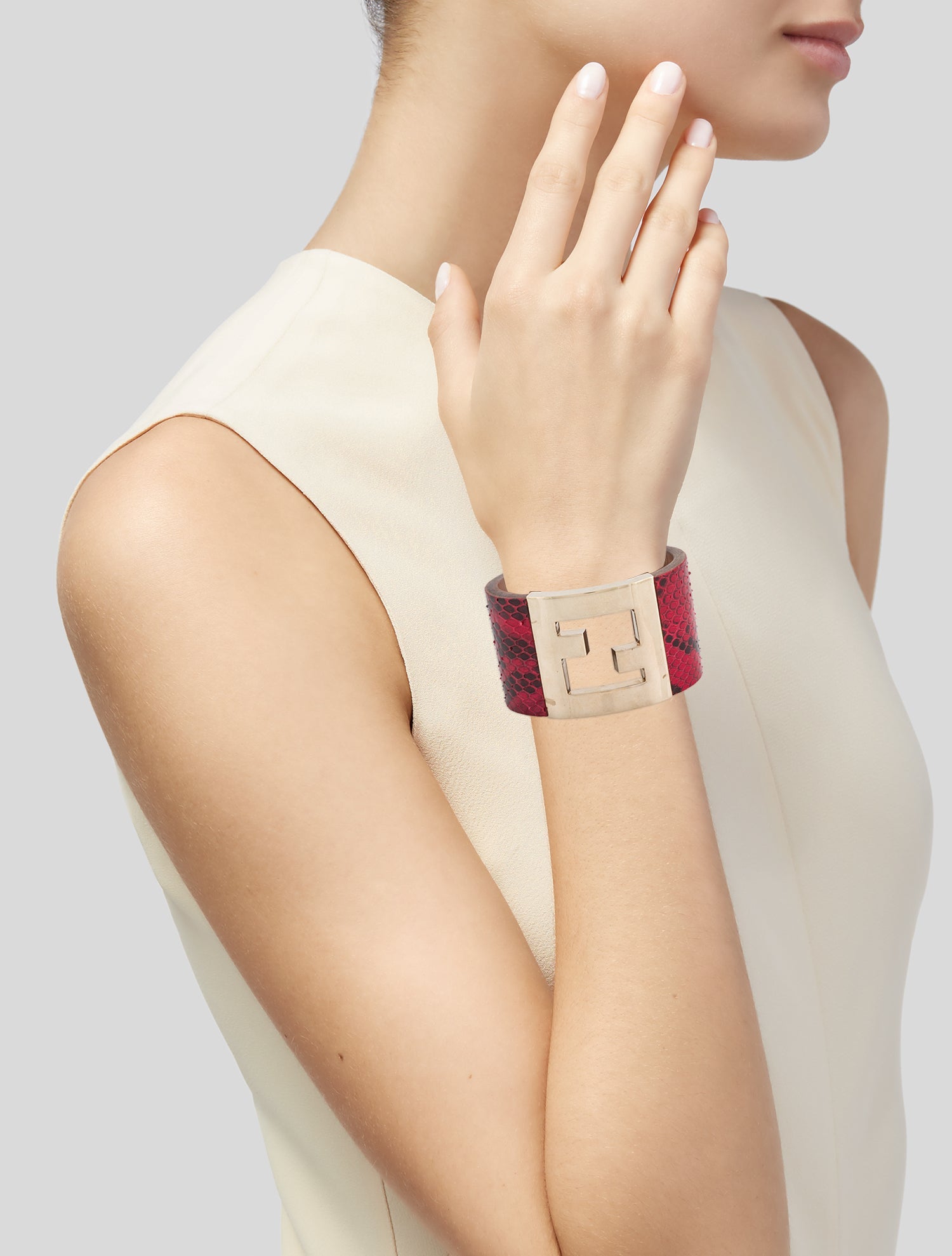 Fendi Snakeskin & Leather Cuff Bracelet