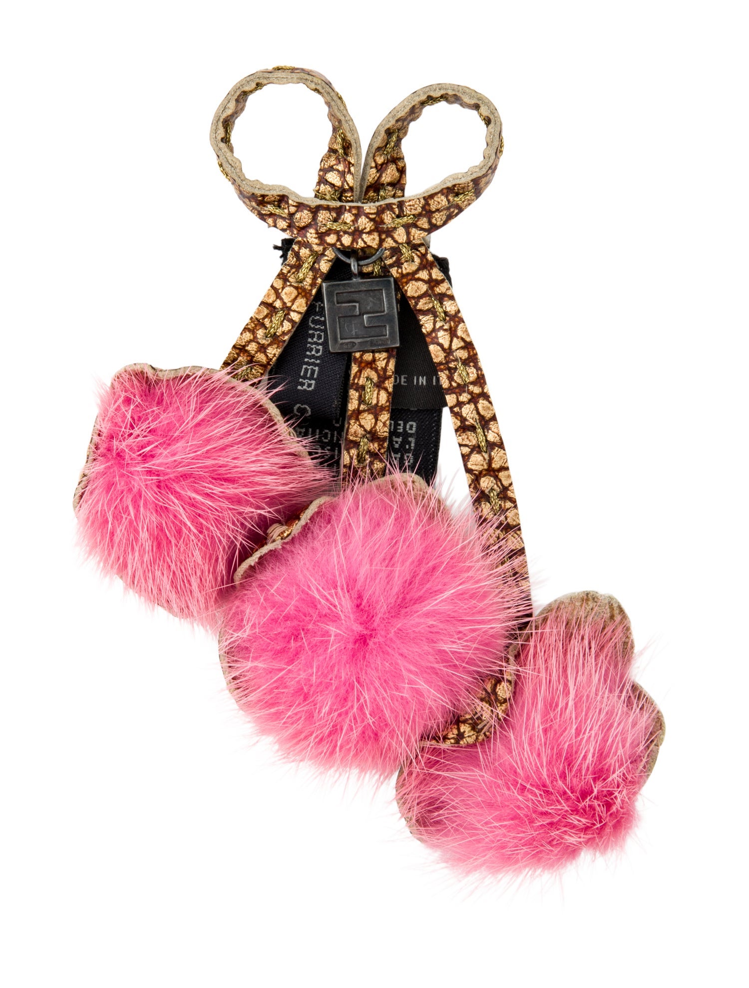 Fendi Leather & Fur Pom Pom Brooch Clip