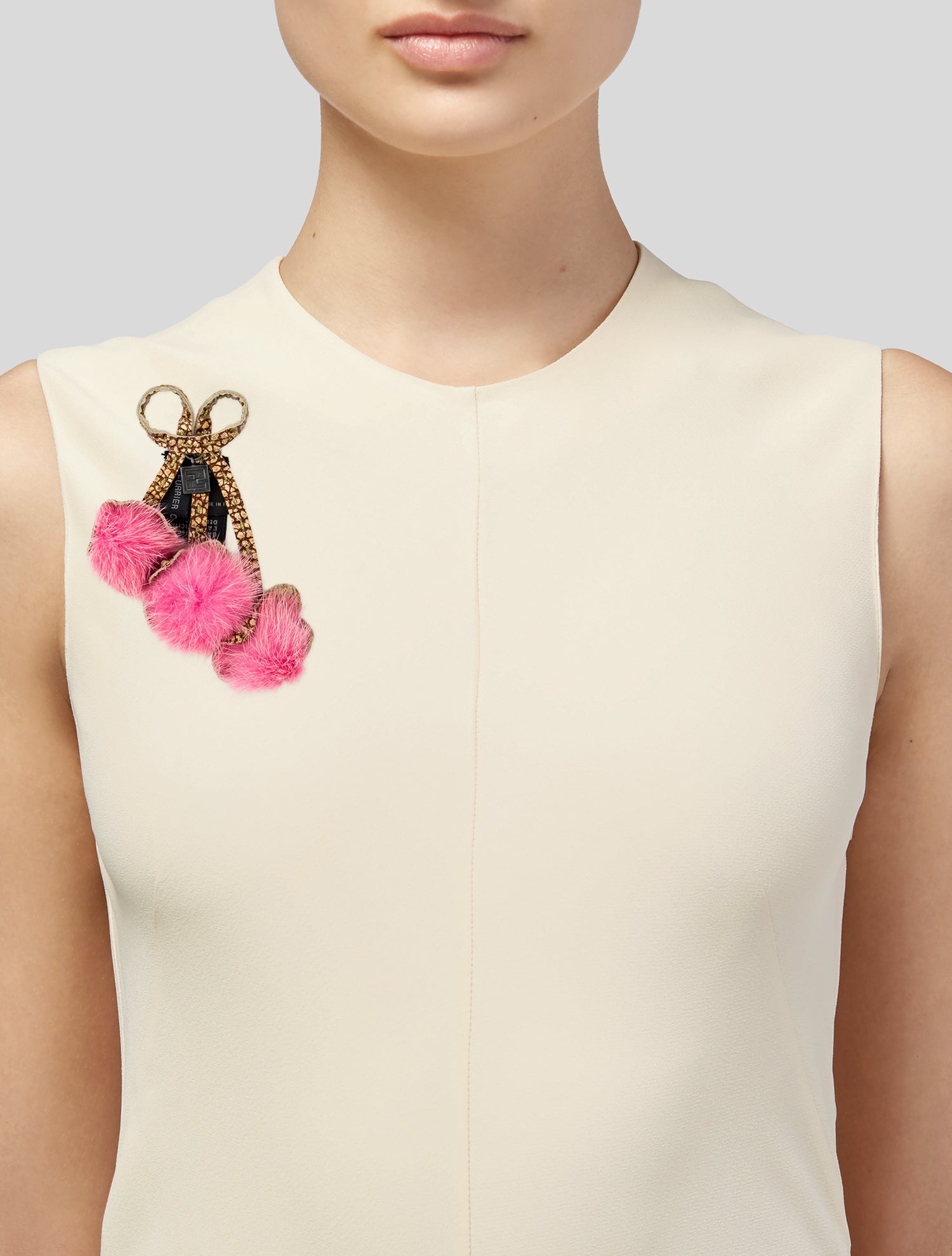Fendi Leather & Fur Pom Pom Brooch Clip