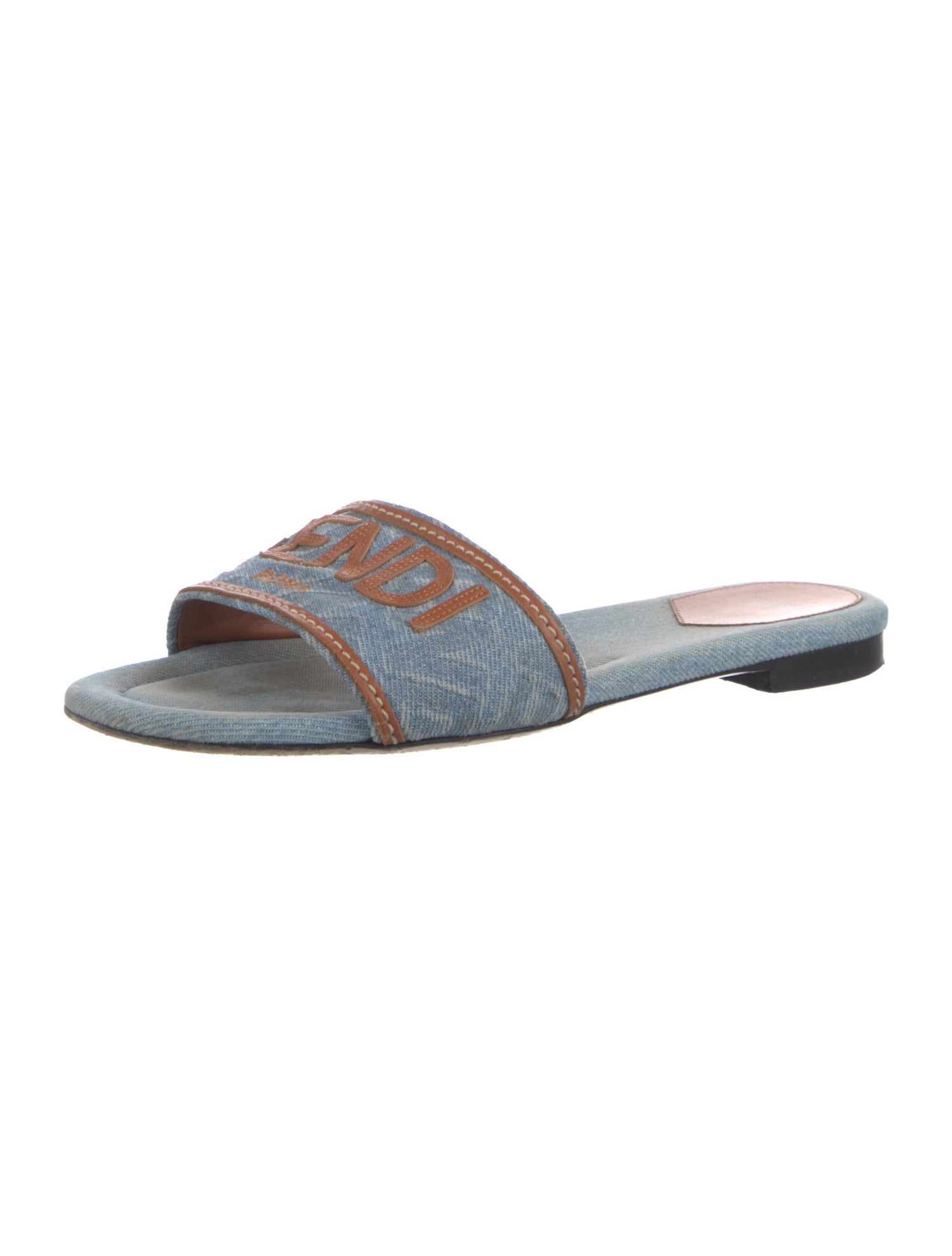 Fendi Canvas Leather Trim Embellishment Slides