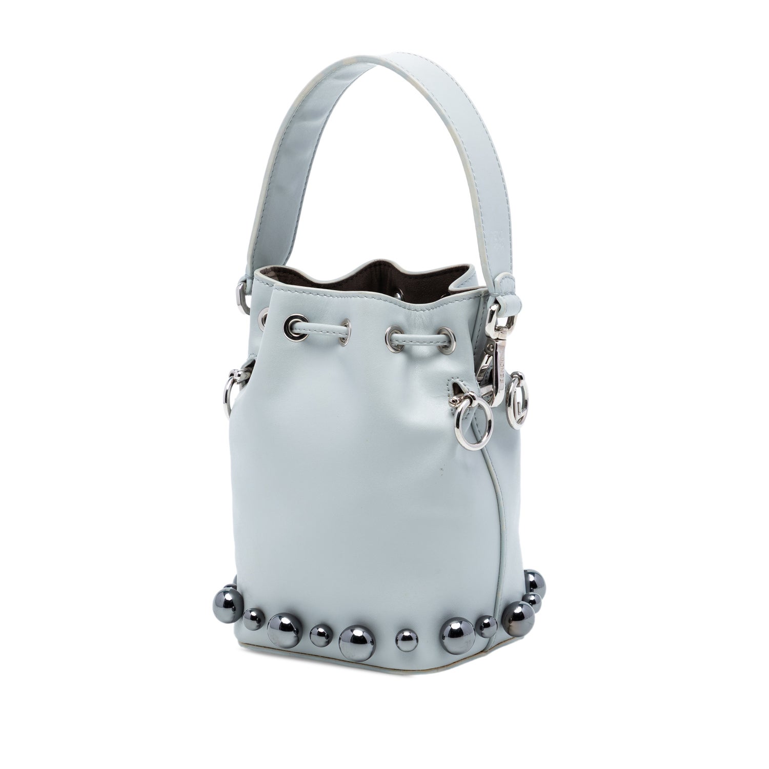 Fendi Calf Leather Mini Leather Pearl Mon Tresor Bucket Bag - Grey