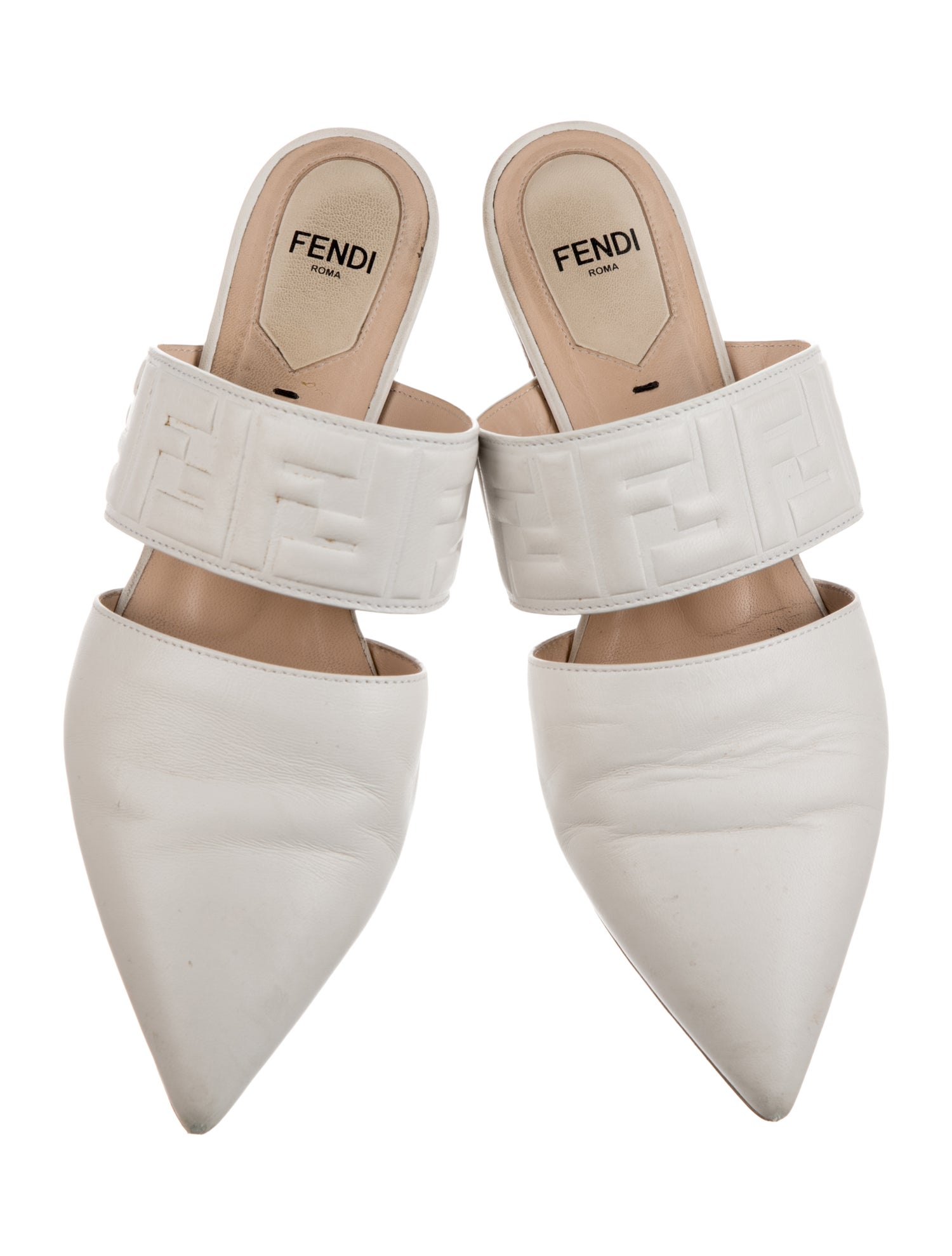 美品✨ FENDI ホワイト ミュール 【38】 ロゴバックル スクウェアトゥ Fendi Flats for Women | The RealReal