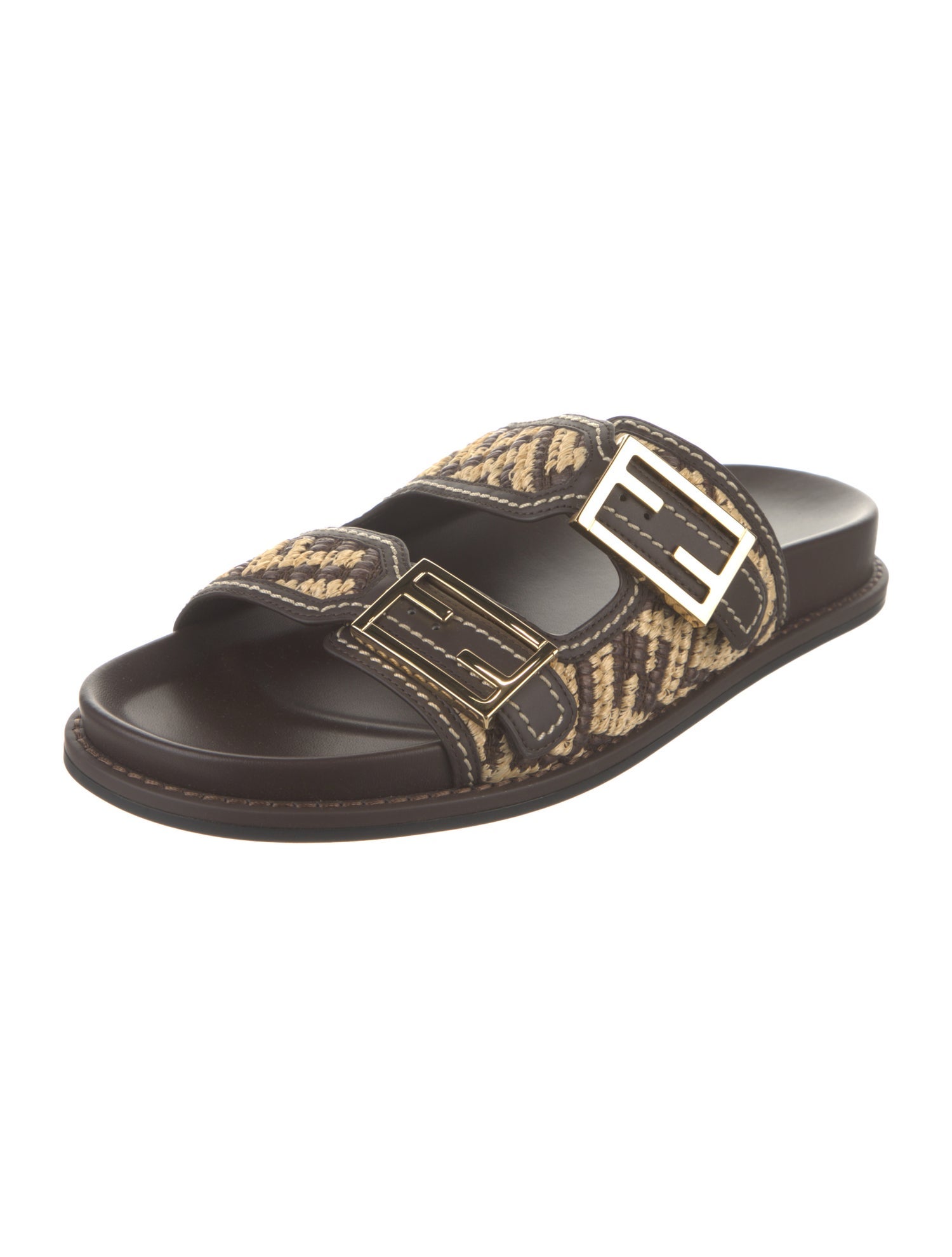Fendi Zucca FF Logo Leather Slides - Brown Sandals, Shoes