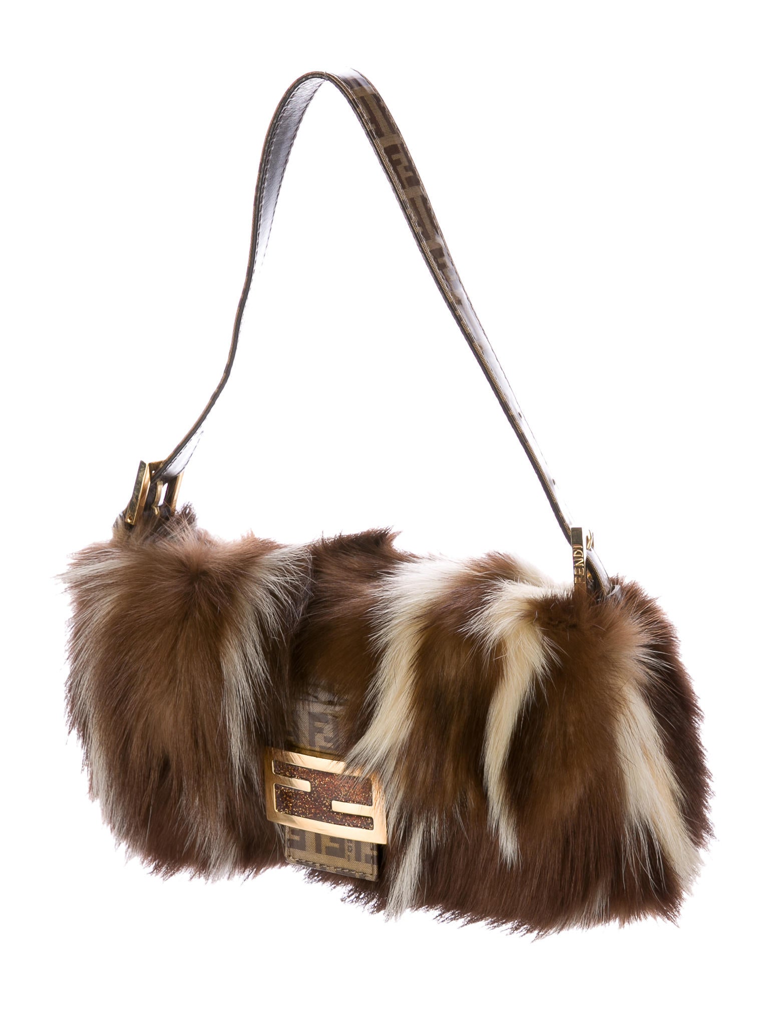 Fendi Striped Skunk Fur Baguette - Brown Handle Bags, Handbags