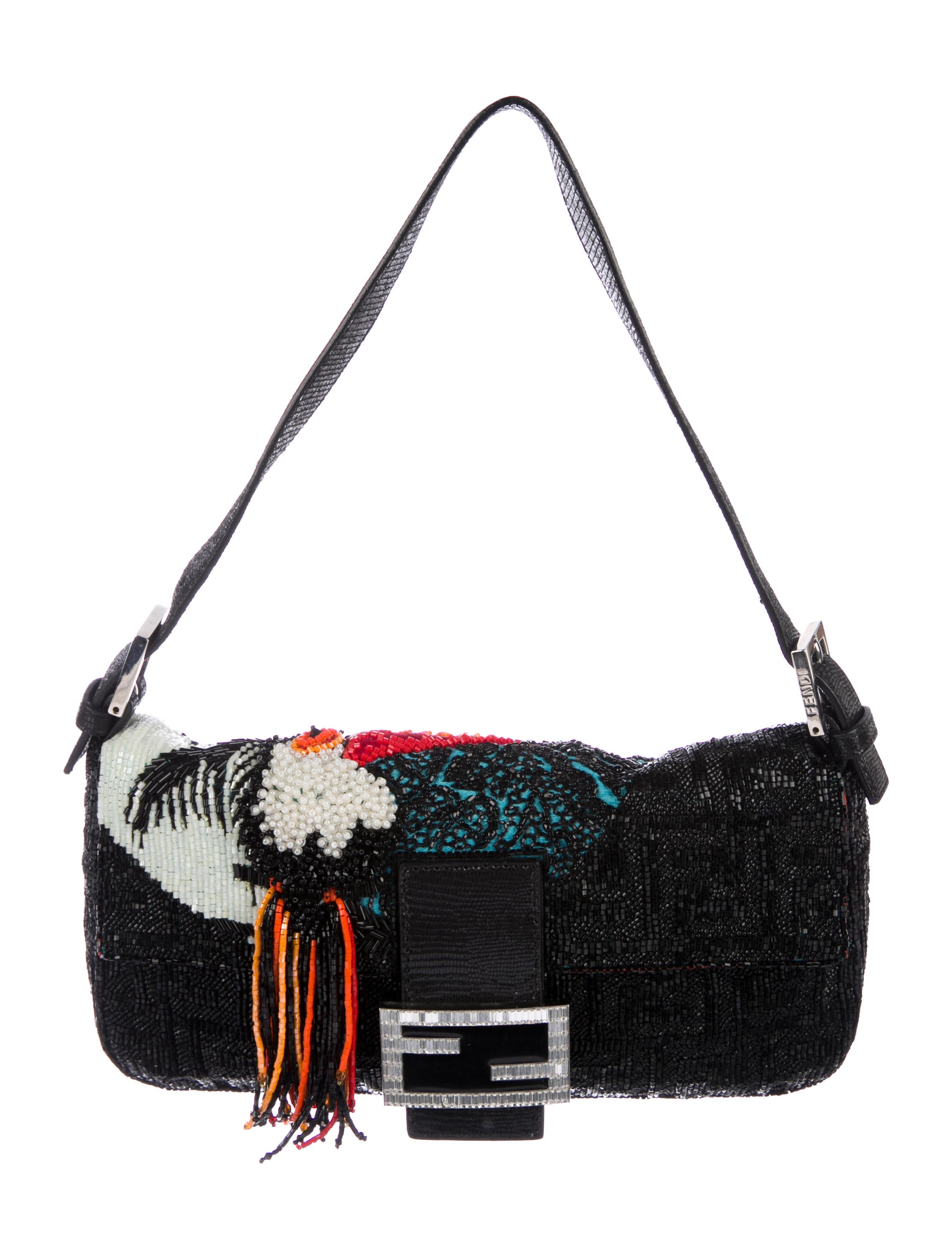 Fendi Lizard-Trimmed Beaded Toucan Baguette - Black Shoulder Bags