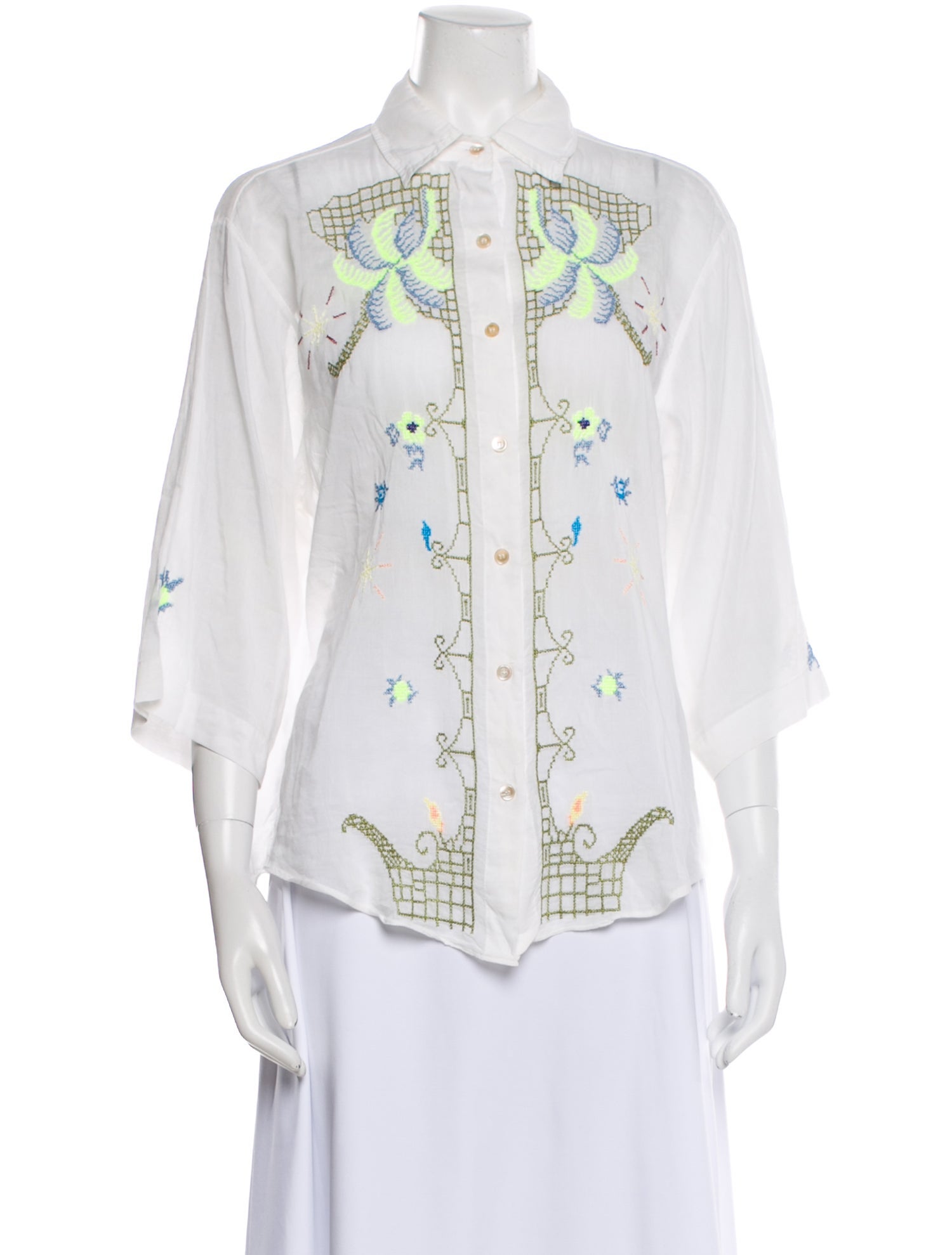 forte_forte Printed Three-Quarter Sleeve Button-Up Top