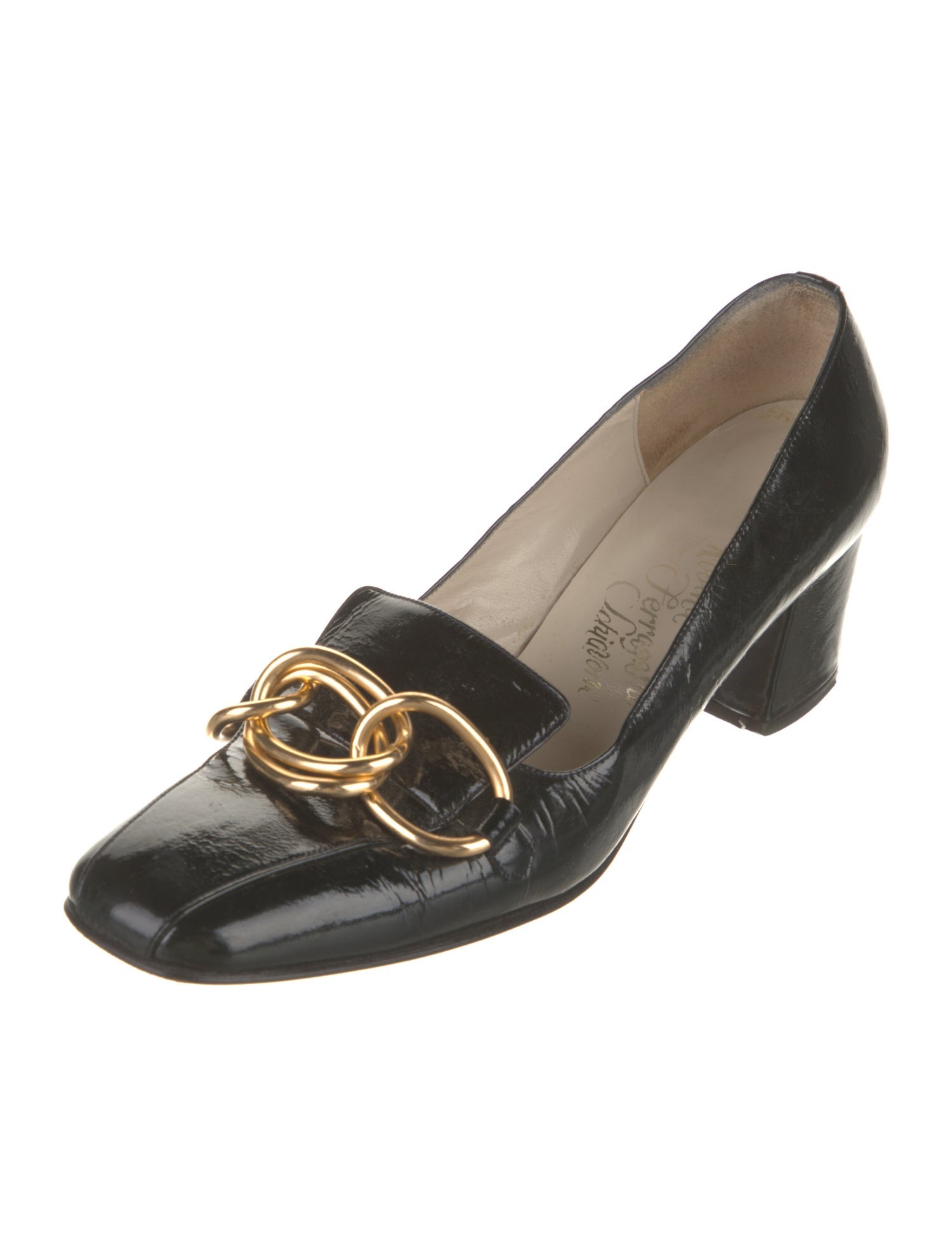 Rosina Ferragamo Schiavone Leather Chain-Link Accents Pumps