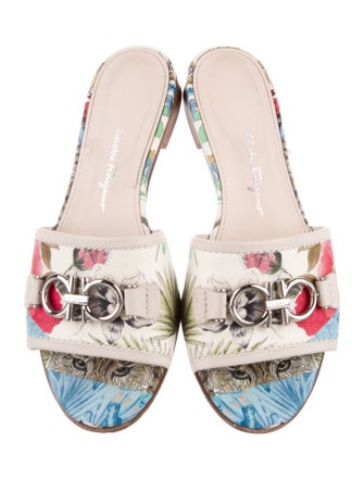 Ferragamo Leather Floral Print Slides
