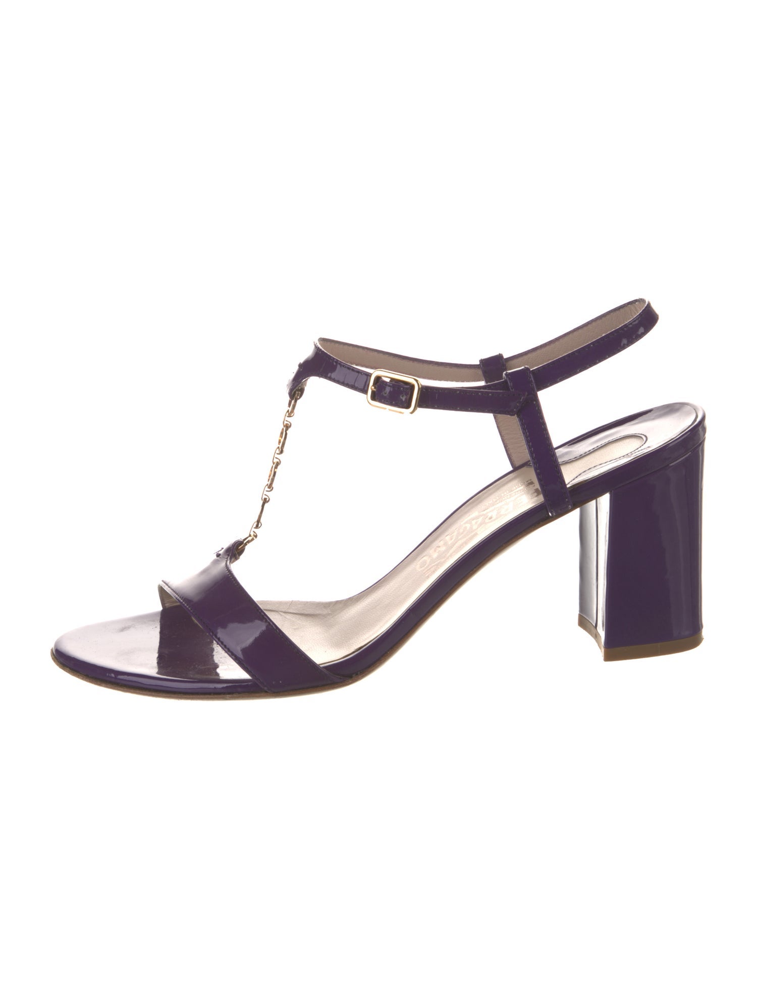 Ferragamo Patent Leather Chain-Link Accents T-Strap Sandals