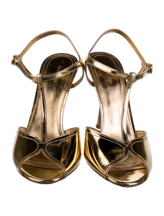 Ferragamo Patent Leather Cutout Accent T-Strap Pumps