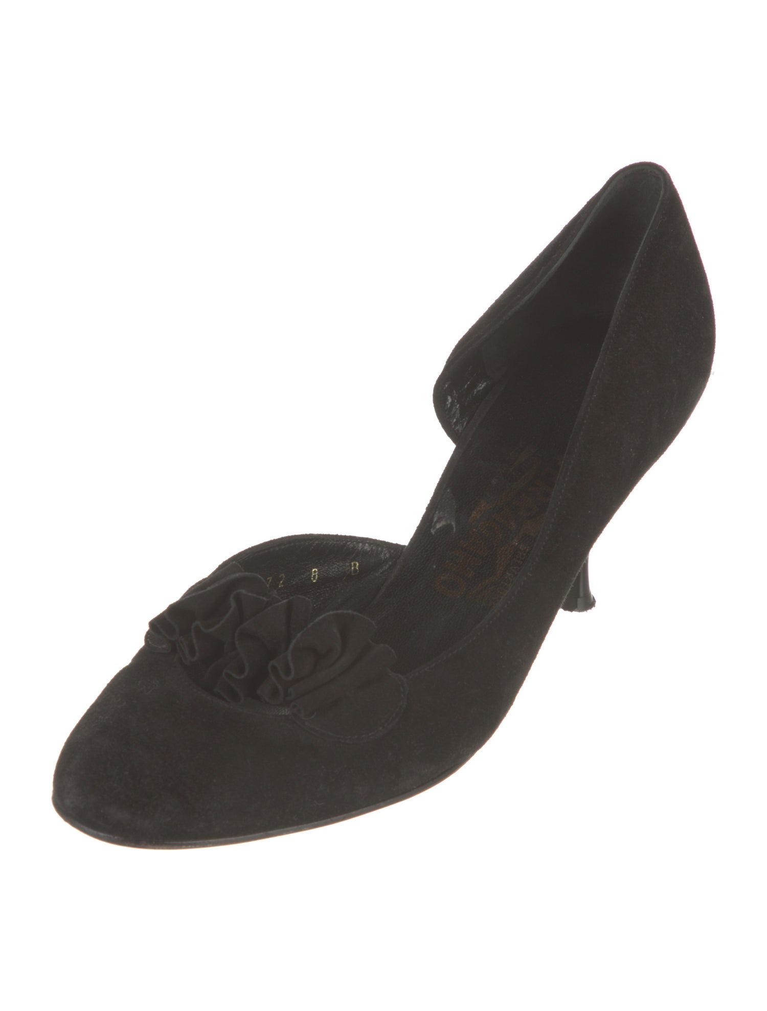 Ferragamo Suede Ruffle Embellishment D'Orsay Pumps