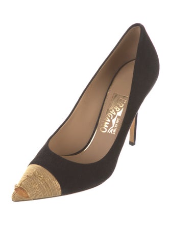 Ferragamo Suede Chain-Link Accents Pumps