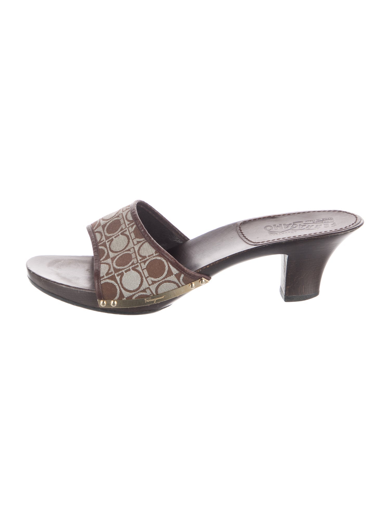Ferragamo Gancini Logo Leather Trim Embellishment Slides