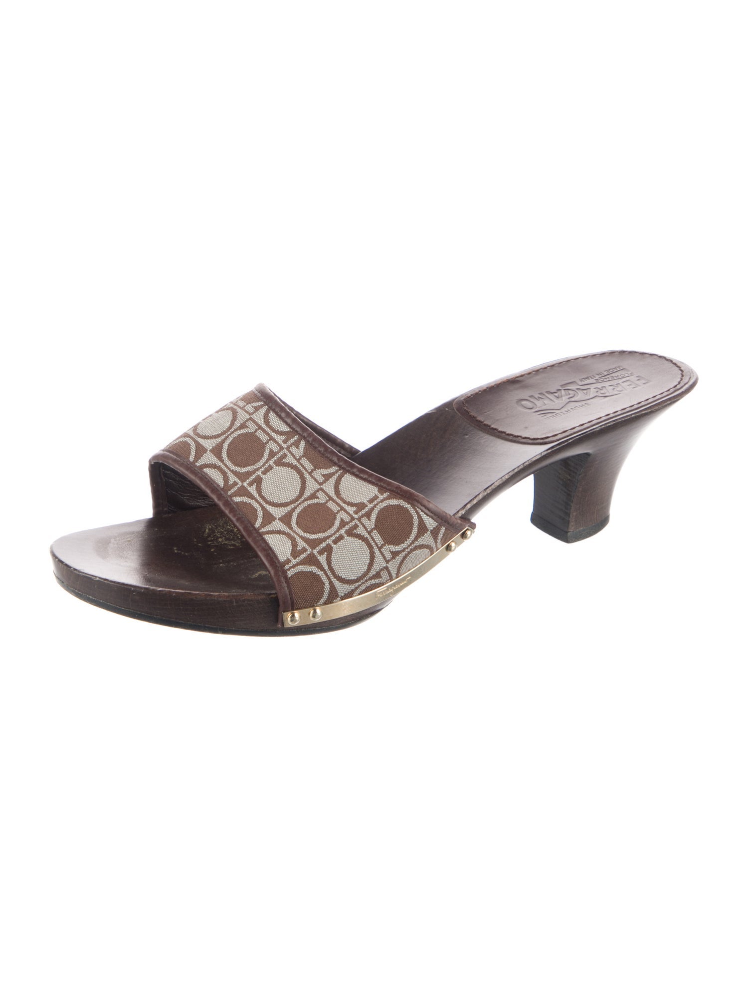 Ferragamo Gancini Logo Leather Trim Embellishment Slides