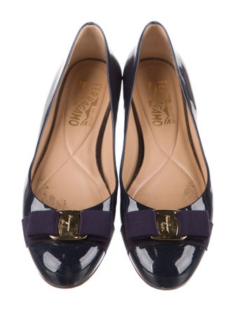 Ferragamo Patent Leather Bow Accents Ballet Flats